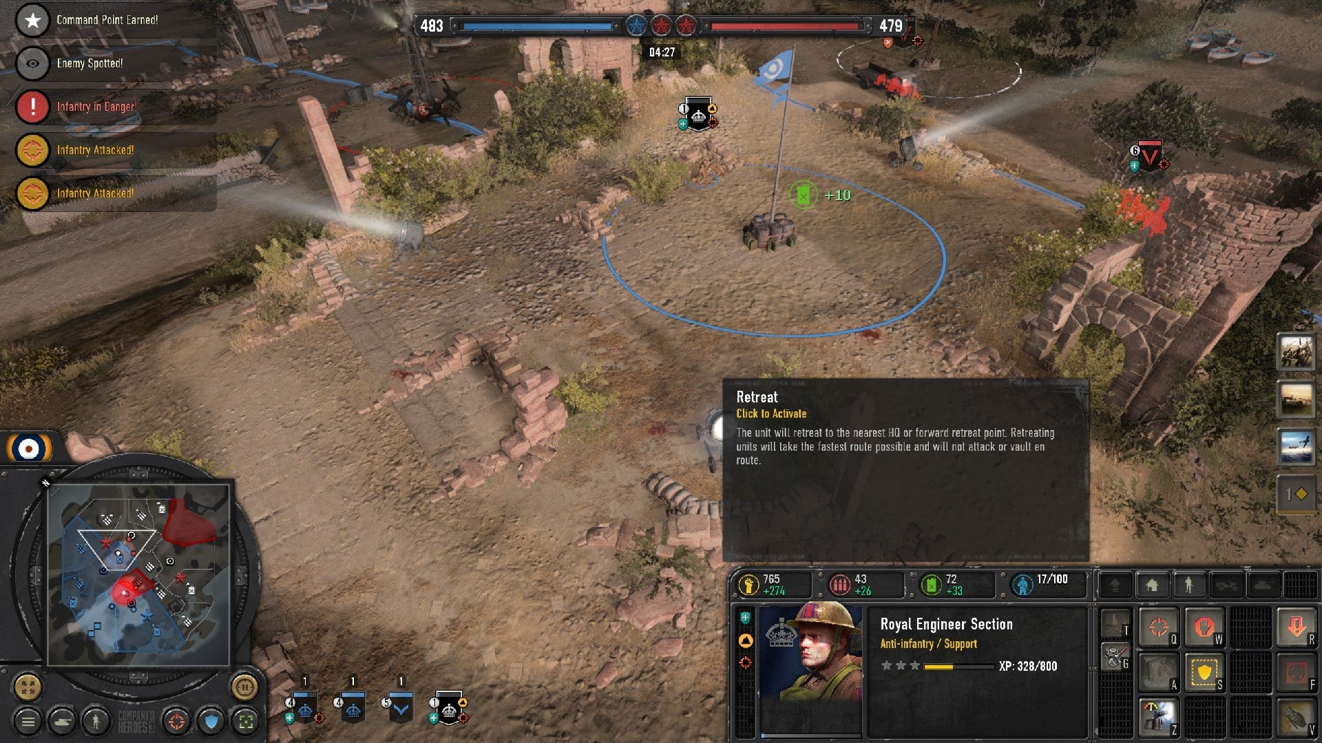 Company of Heroes 3 image showing an Engineer unit that's nearly dead, with the retreat tooltip in the bottom-right.