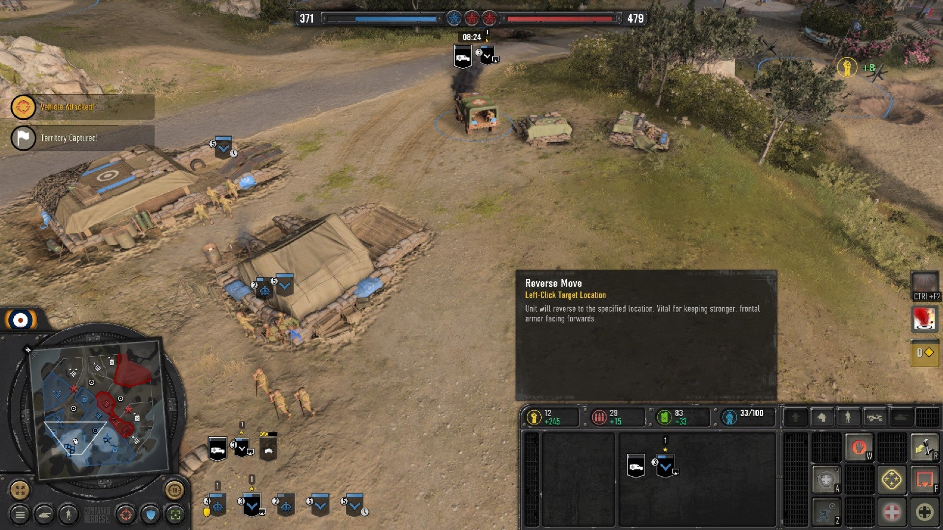 Company of Heroes 3 image showing a damaged truck reversing back into base, with the reverse tooltip in the bottom-right corner.