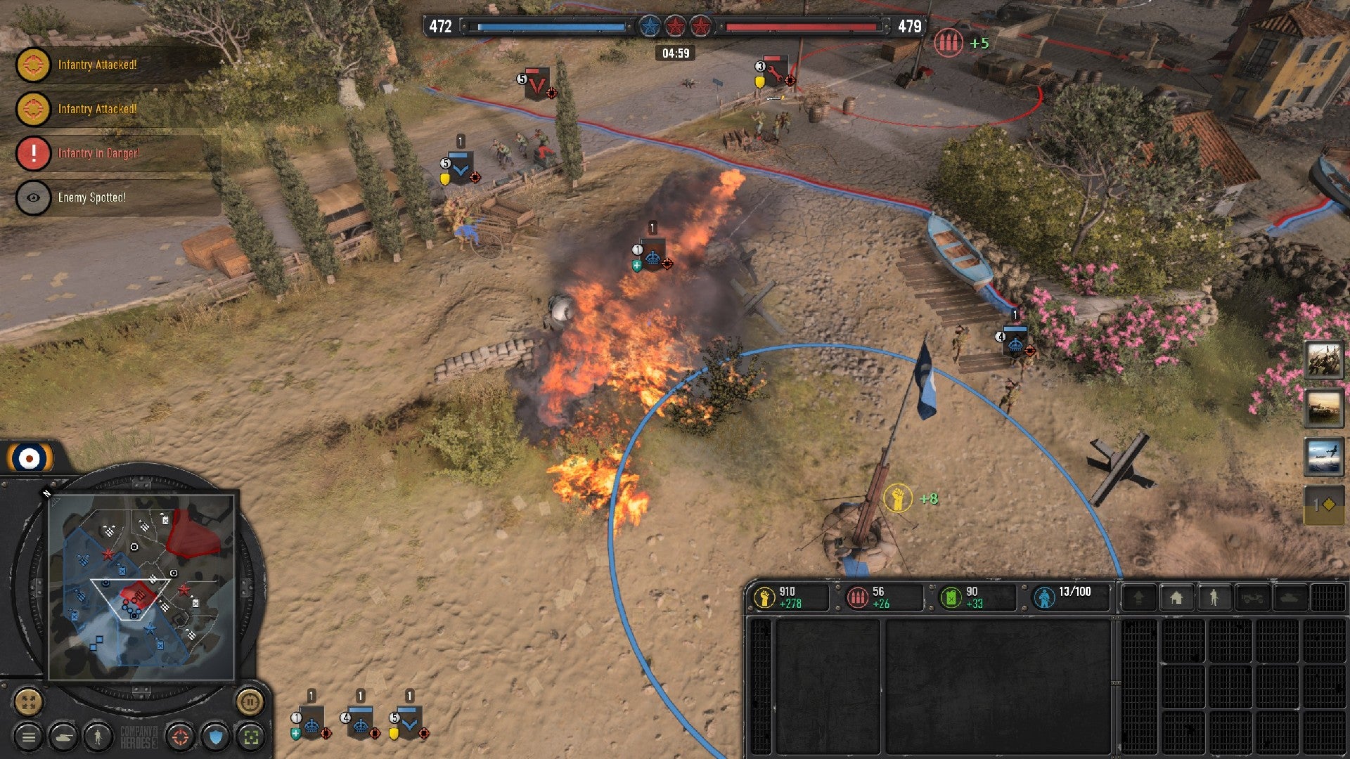 Company of Heroes 3 image showing friendly units spread out behind cover, as one gets flamed by an enemy.