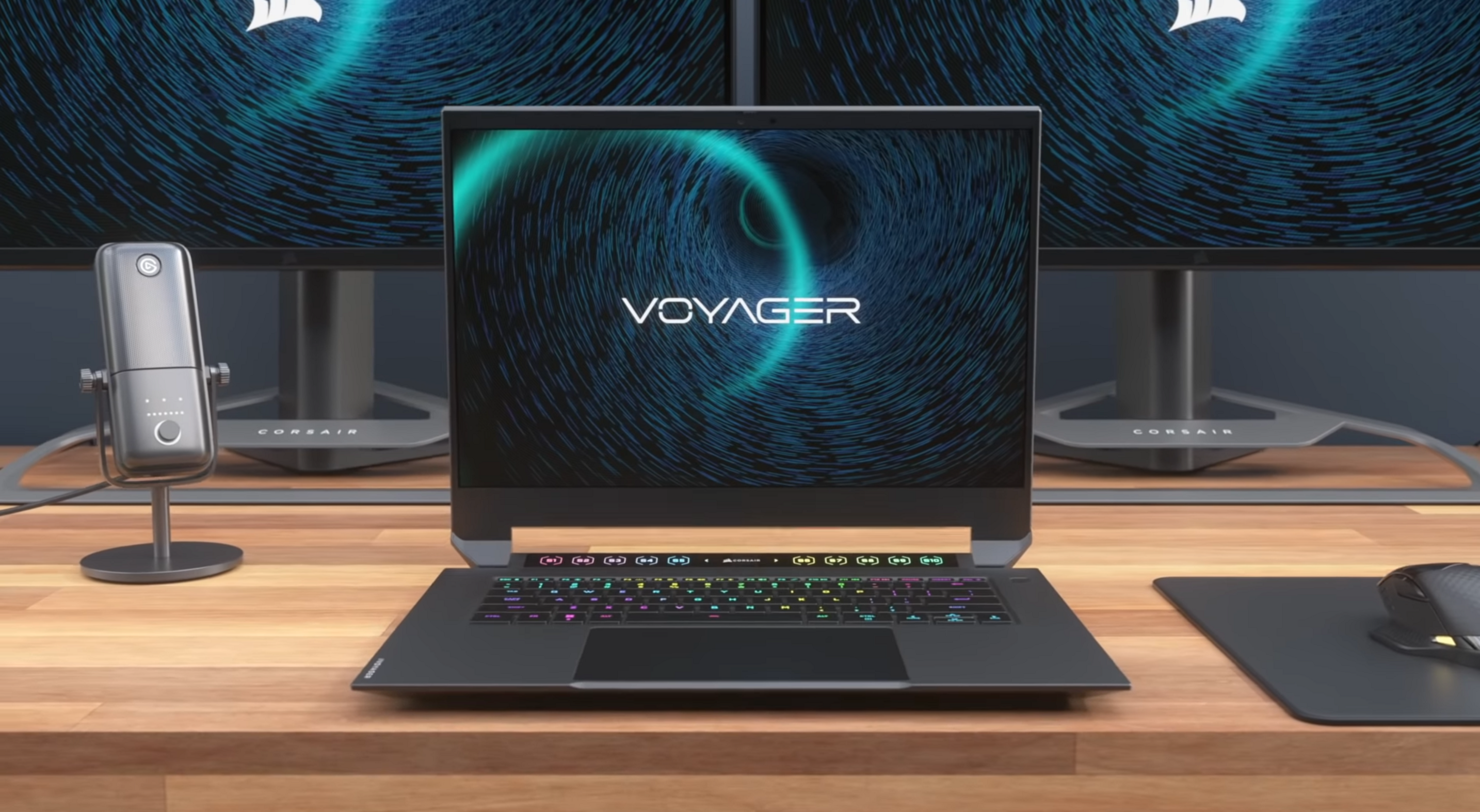 Corsair Voyager a1600 gaming laptop on a desk.