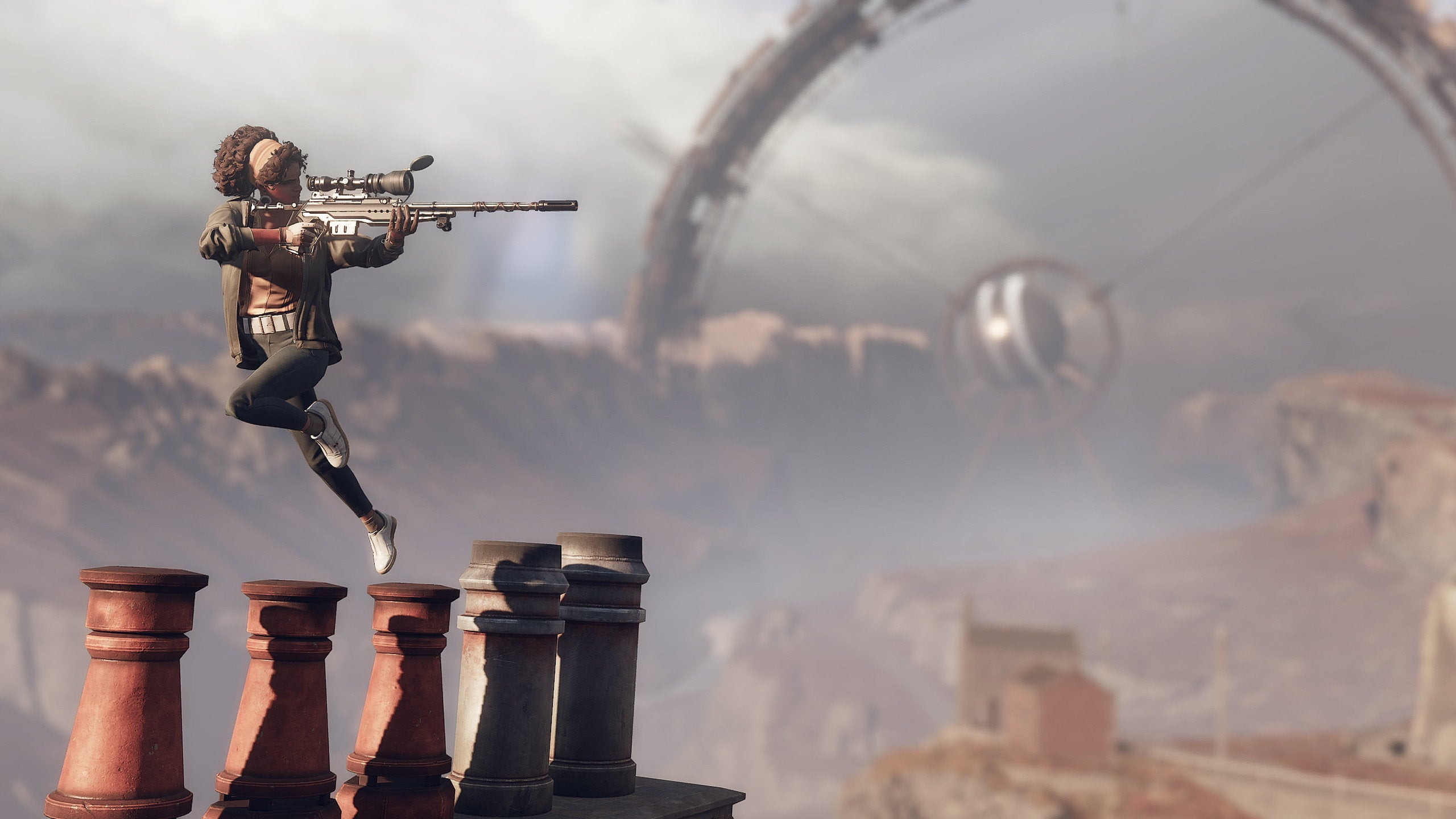 Julianna leaps across a rooftop while holding a sniper rifle in Deathloop