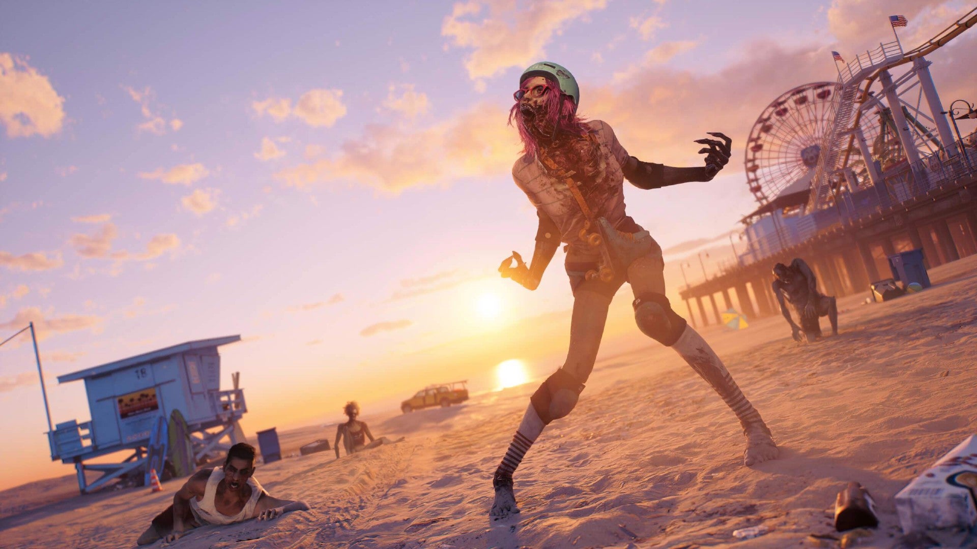 Dead Island 2 image showing zombies across a warmly lit beach, as the sun sets over the ocean in the background.