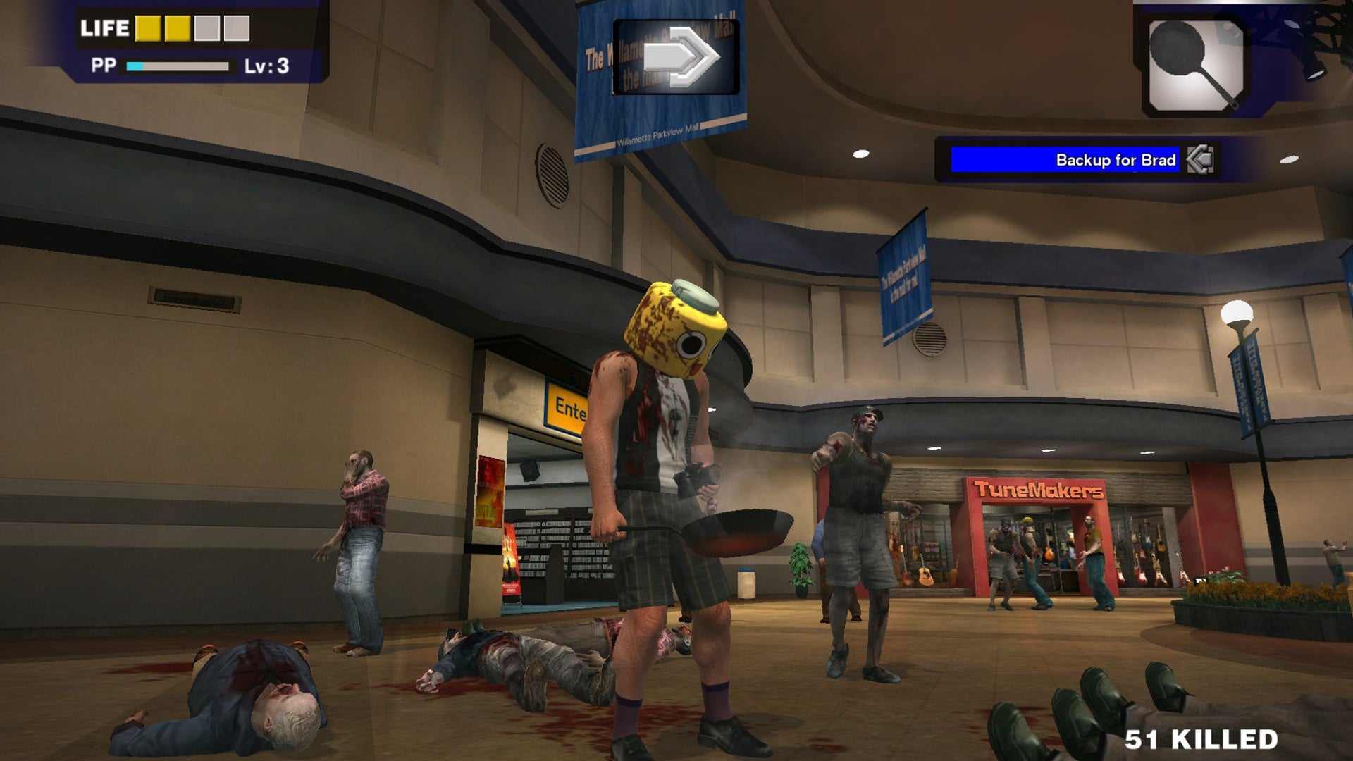 Frank from Dead Rising wearing a weird hat and holding a frying pan.