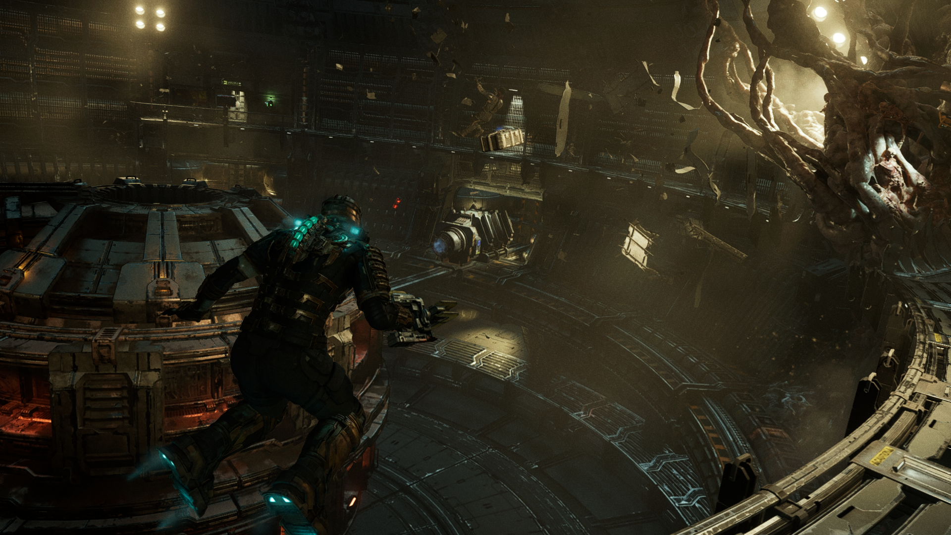 Isaac hovers in a ruined room in Dead Space.