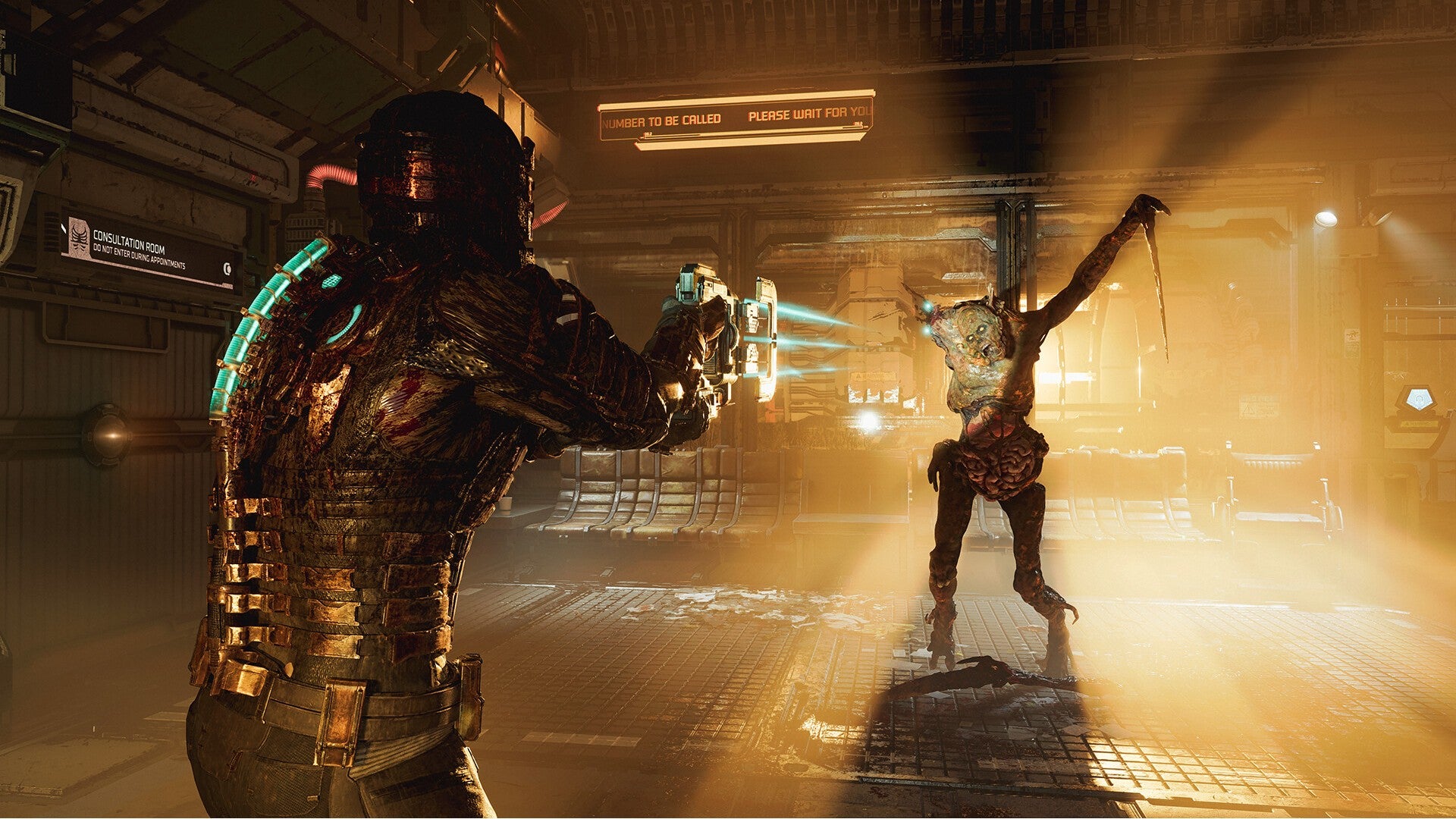 Dead Space image showing Isaac firing a a Necromorph with the Plasma Cutter.