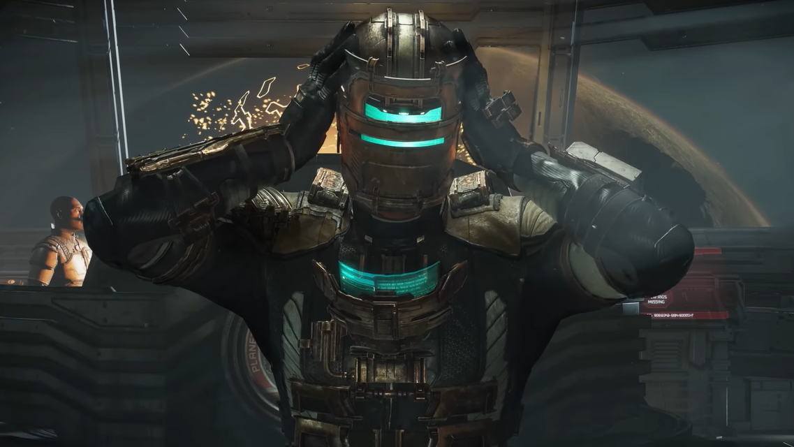 A screenshot from Dead Space remake showing Isaac Clarke putting on his helmet