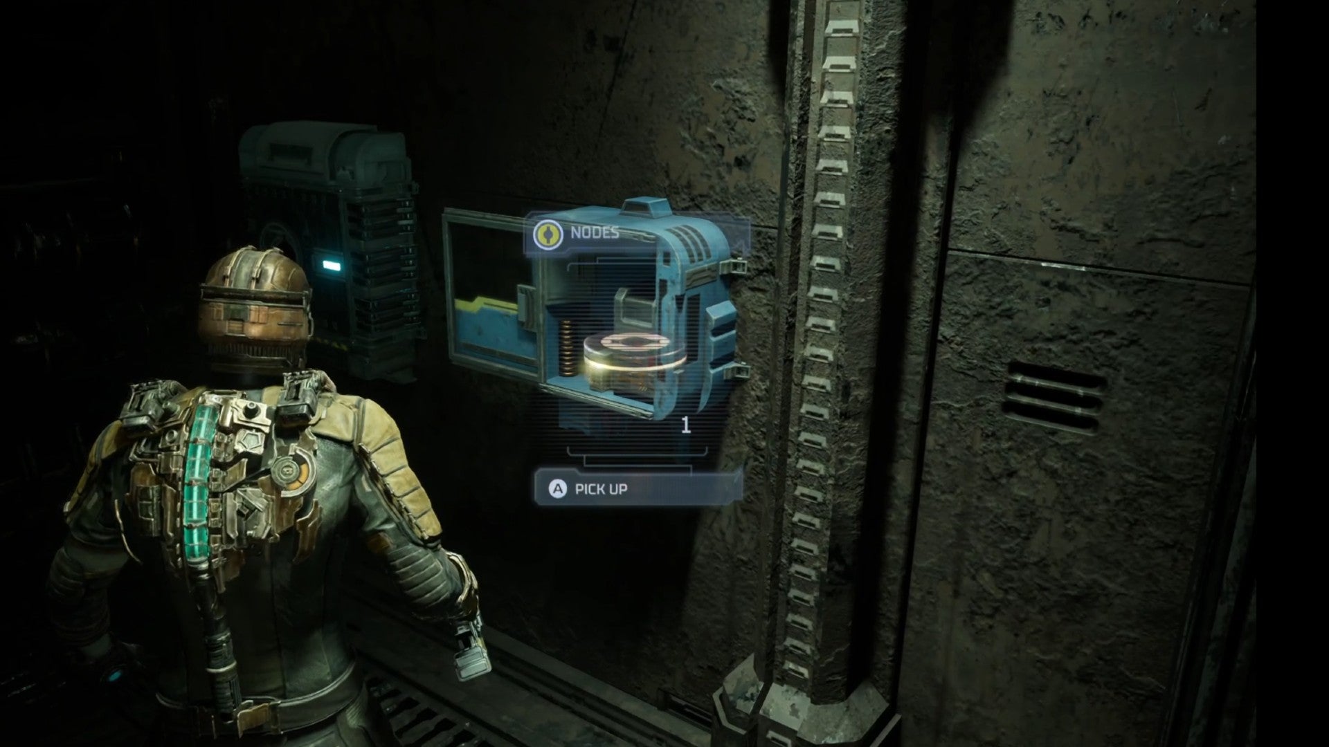 Dead Space image showing a Power Node in a container, with Isaac stood nearby.