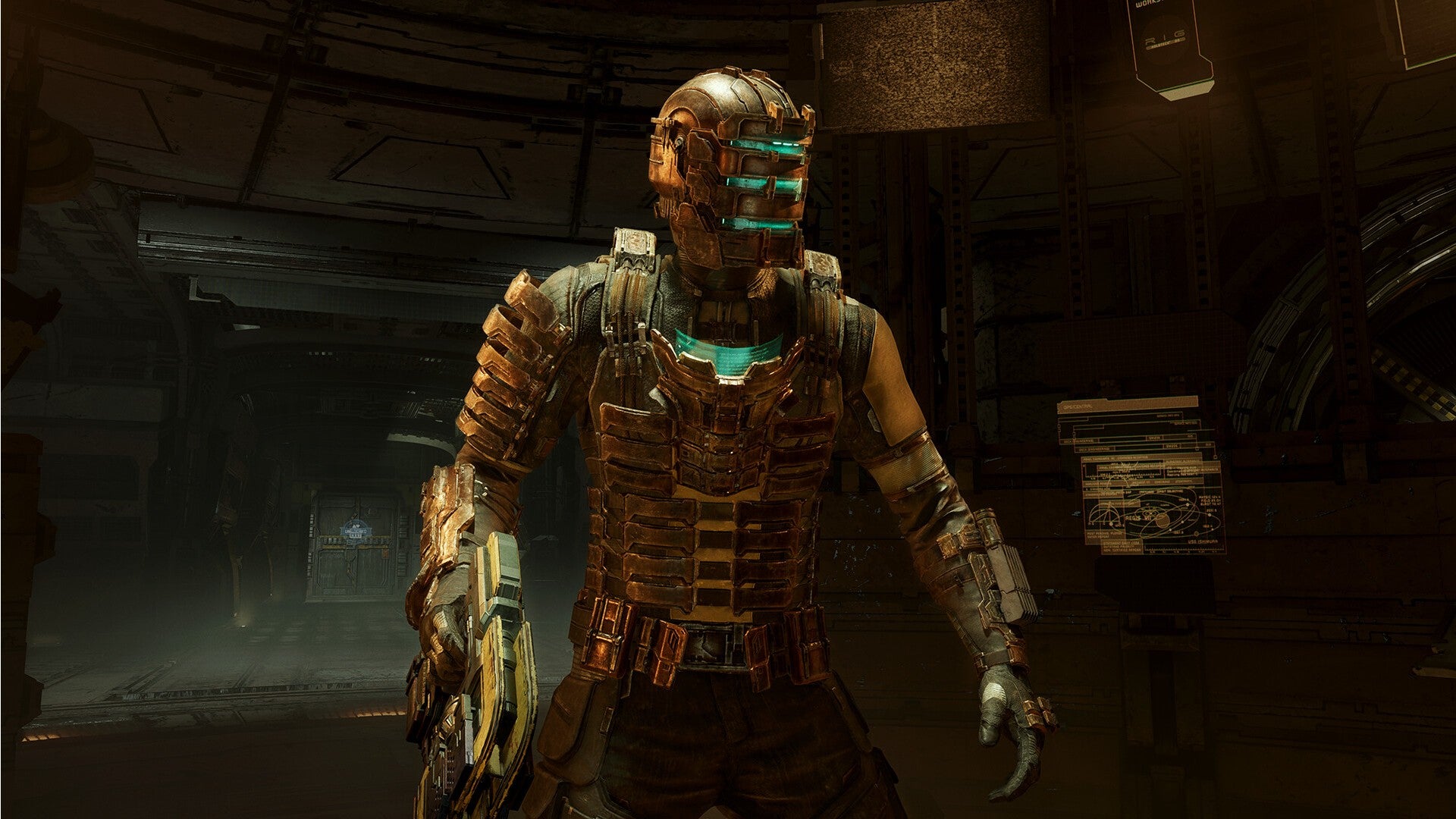 Dead Space remake image showing Isaac Clarke wearing his armor and helmet, wielding a Plasma Cutter.