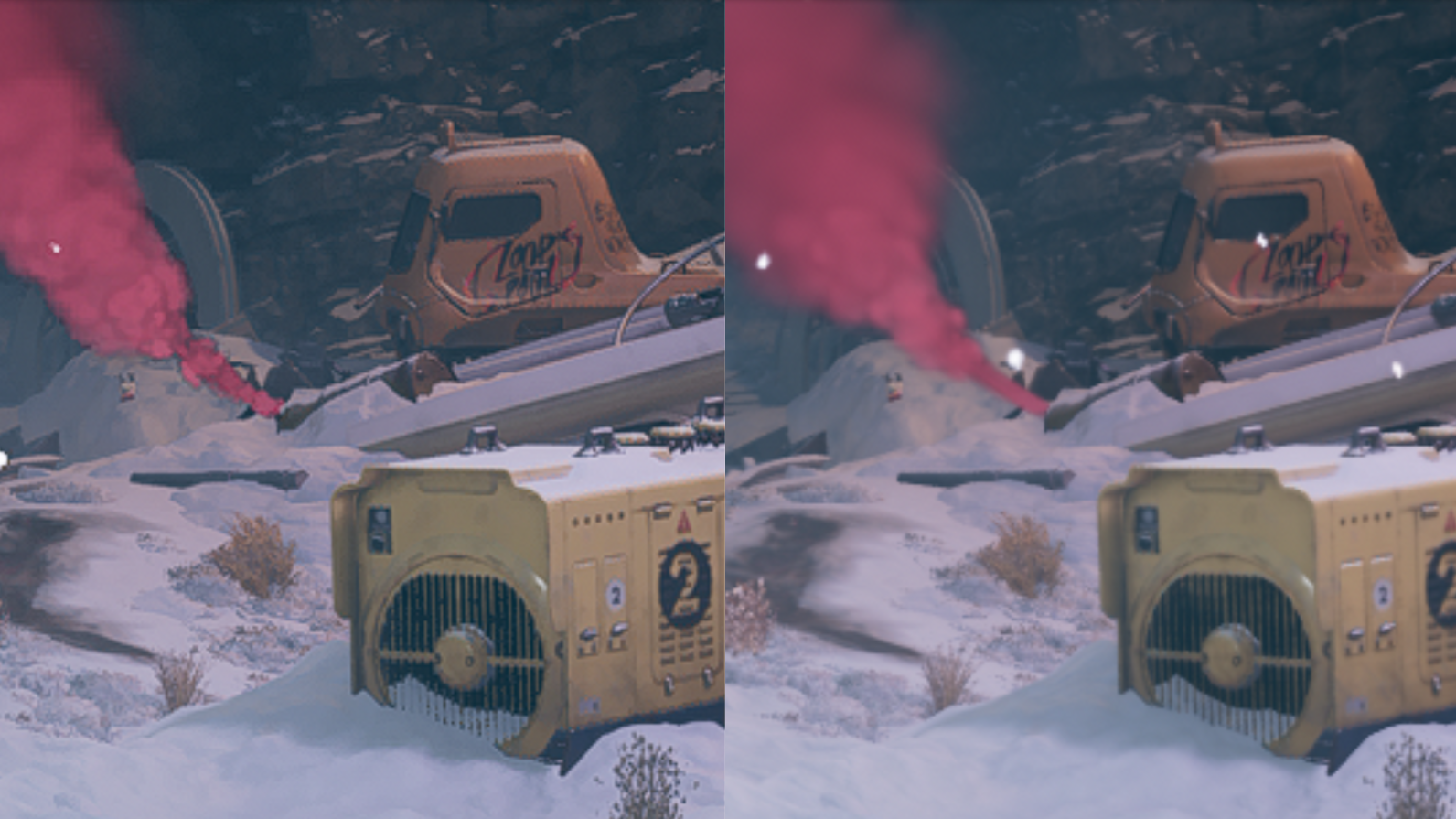 A comparison image with a snowy scene in Deathloop.  On the left, the scene is rendered with FSR 2.0, on the right, it is rendered with DLSS.