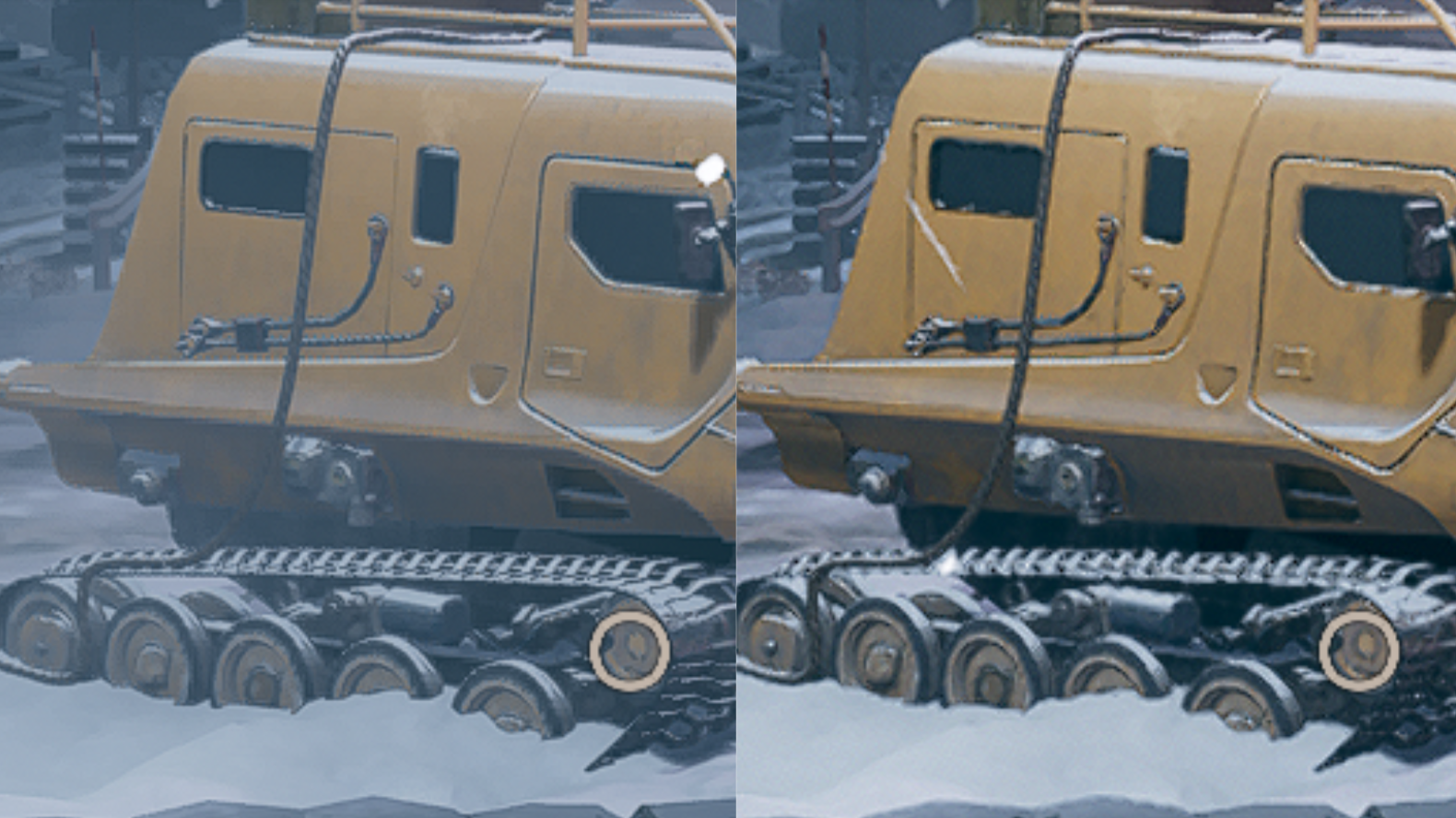 A comparison image with a snowy scene in Deathloop.  On the left the scene is represented with FSR 2.0, on the right it is represented with FSR 1.0.