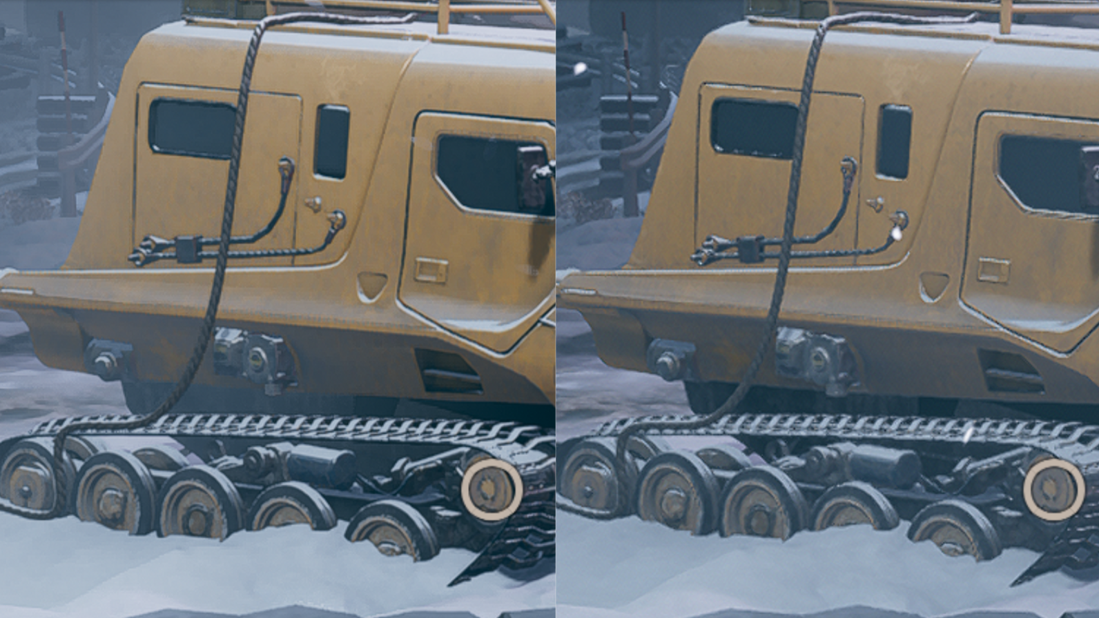 A comparison image showing a snowy scene in Deathloop. On the left is the scene rendered with FSR 2.0, on the right is it rendered with FSR 1.0.