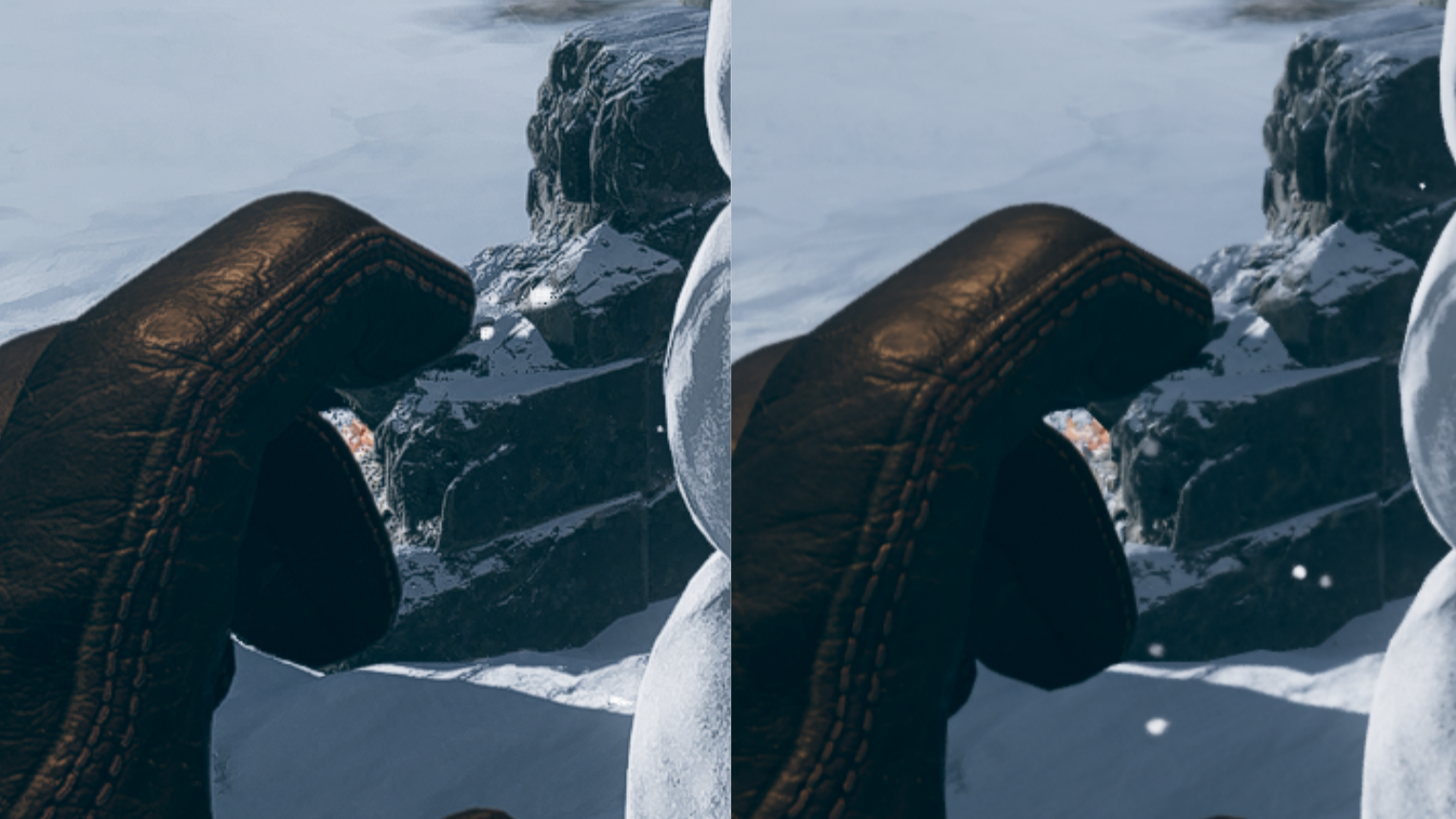 A comparison image with a snowy scene in Deathloop.  On the left, the scene is rendered using FSR 2.0, on the right, it is rendered in native 1440p.