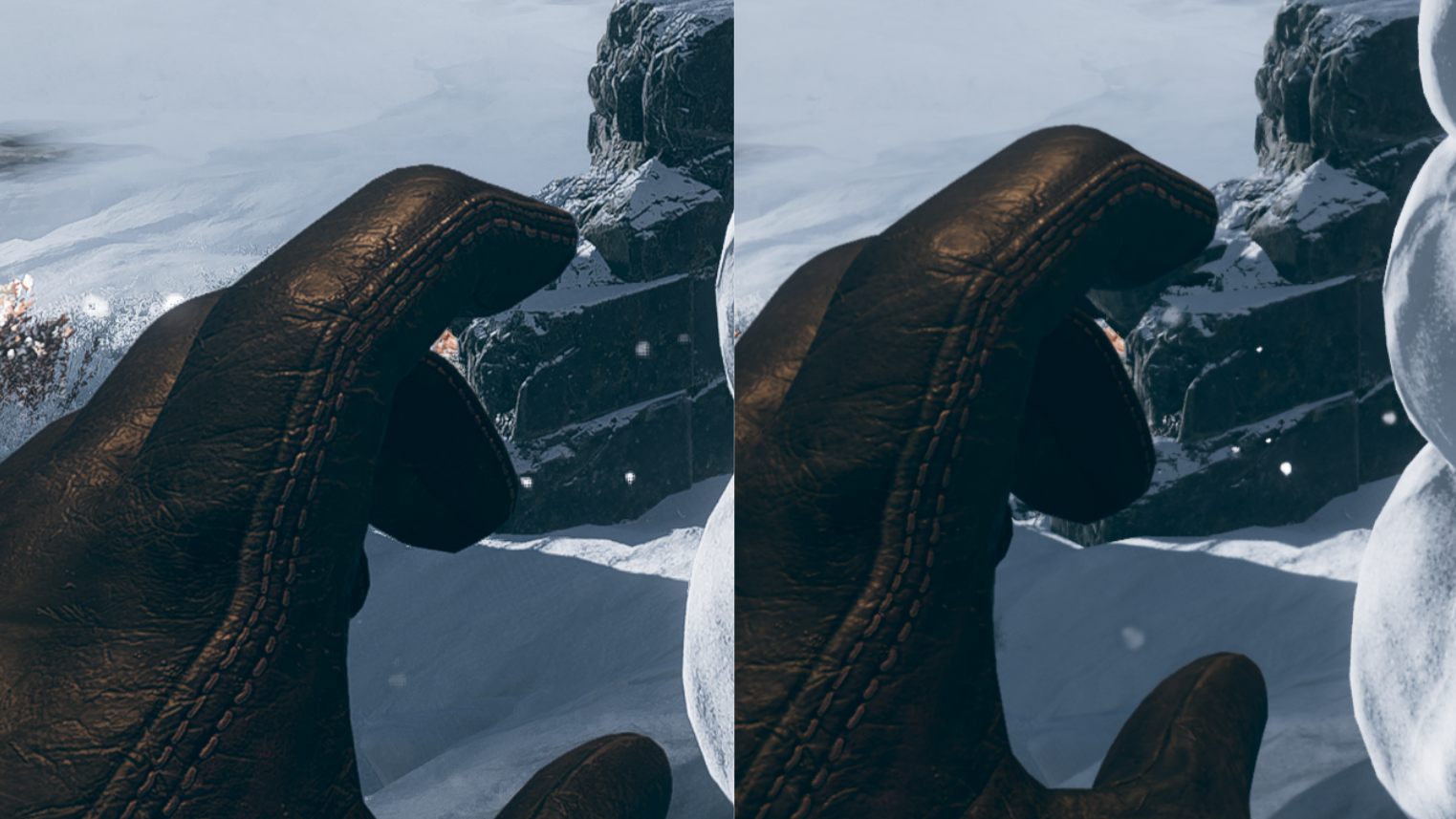 A comparison image with a snowy scene in Deathloop.  On the left, the scene is rendered in FSR 2.0, on the right, it is rendered in native 4K.