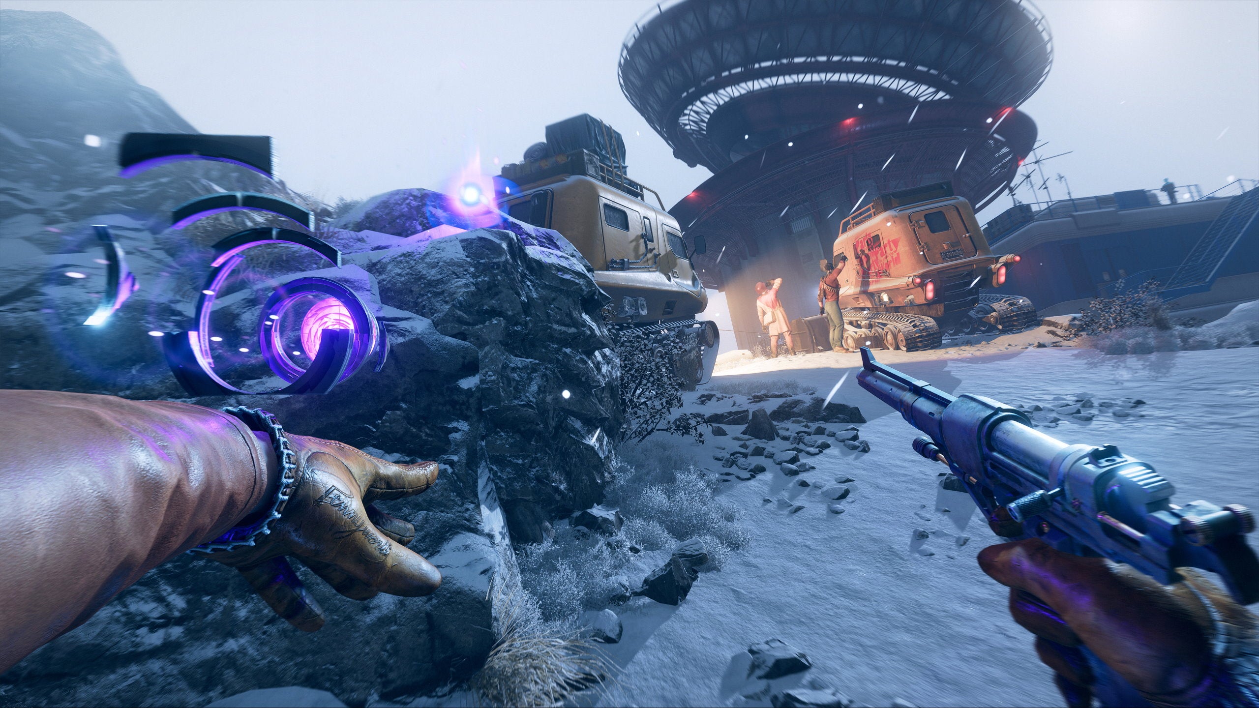 The player prepares to use their shift power on an icy hill in Deathloop