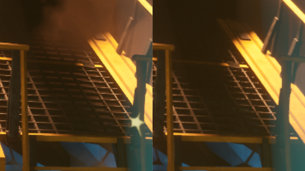 A comparison image showing how Nvidia DLAA (left) constructs a scene in Deep Rock Galactic compared to TAA (right).