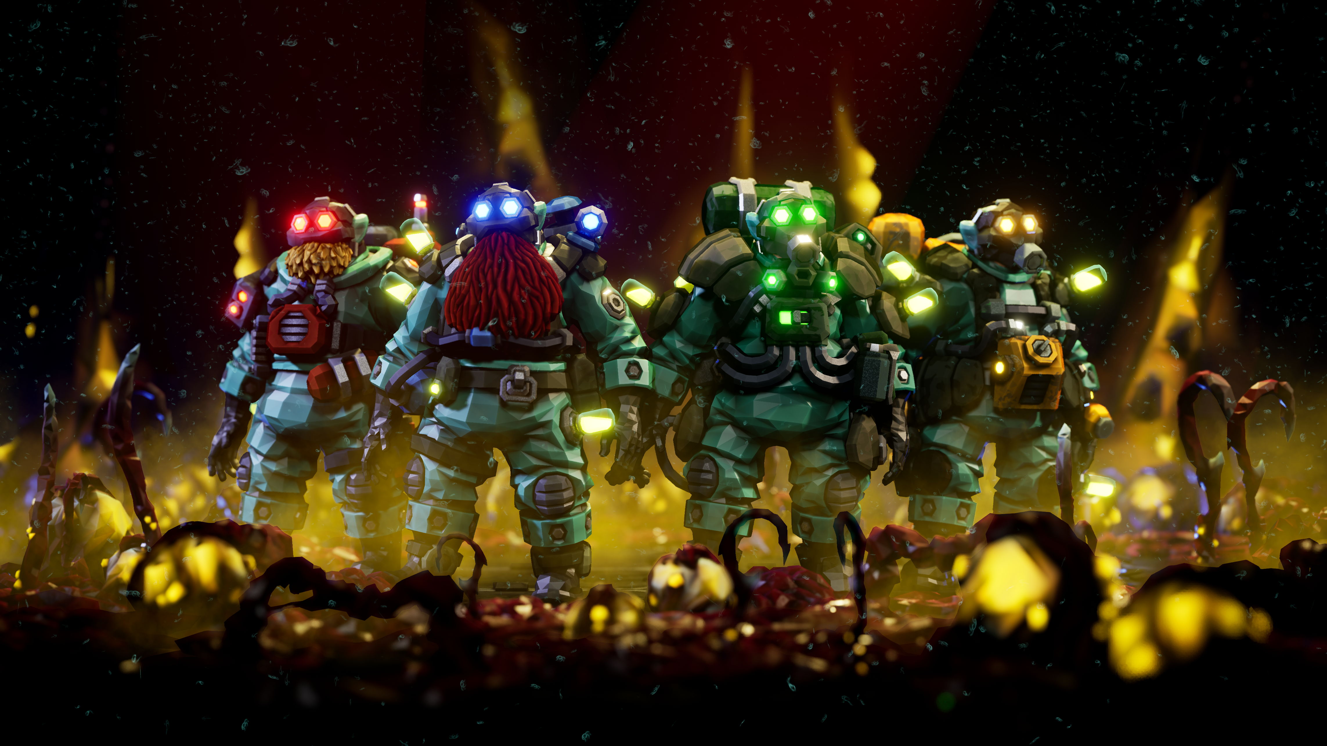 The four dwarf classes of Deep Rock Galactic in their hazmat-themed Season 3 skins.