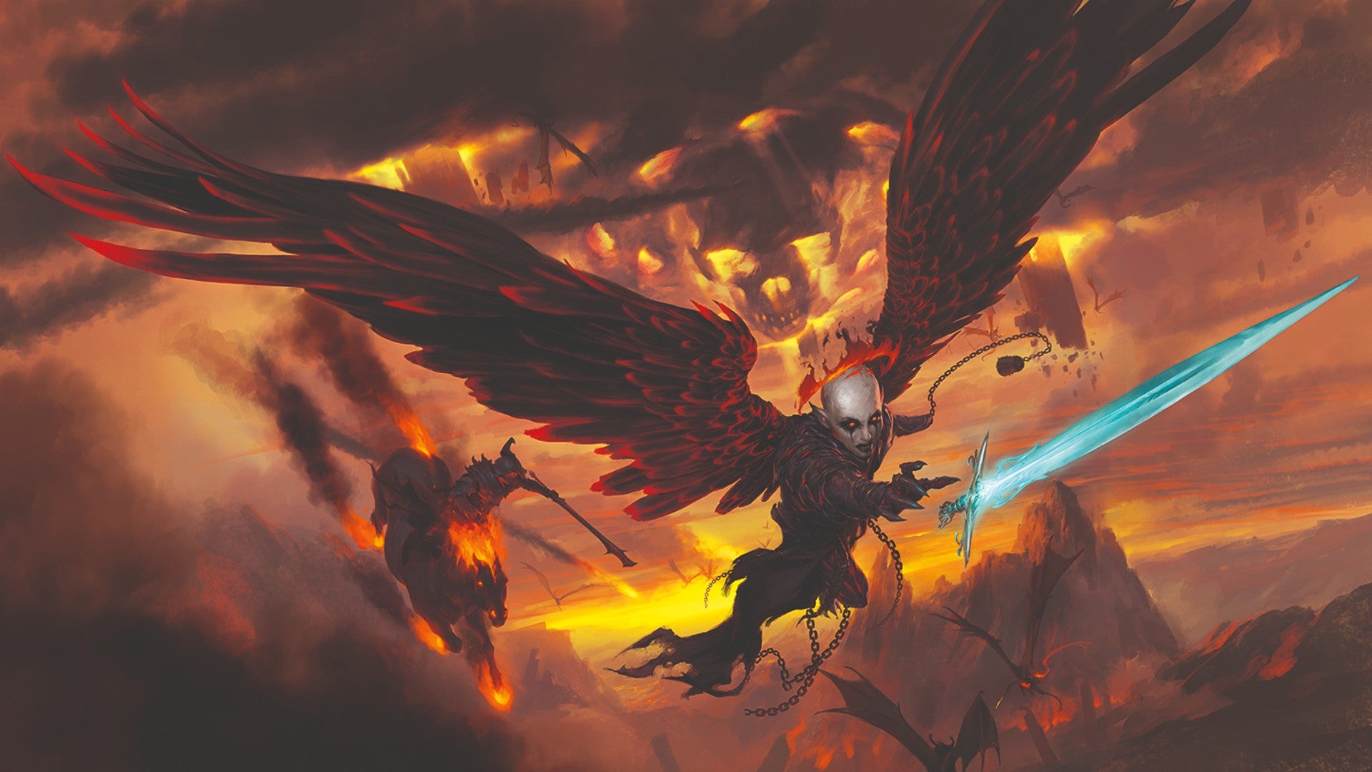 Baldur's Gate: Descent into Avernus cover art, showing a winged fiend flying through hell, while another rides atop a fiery horse.