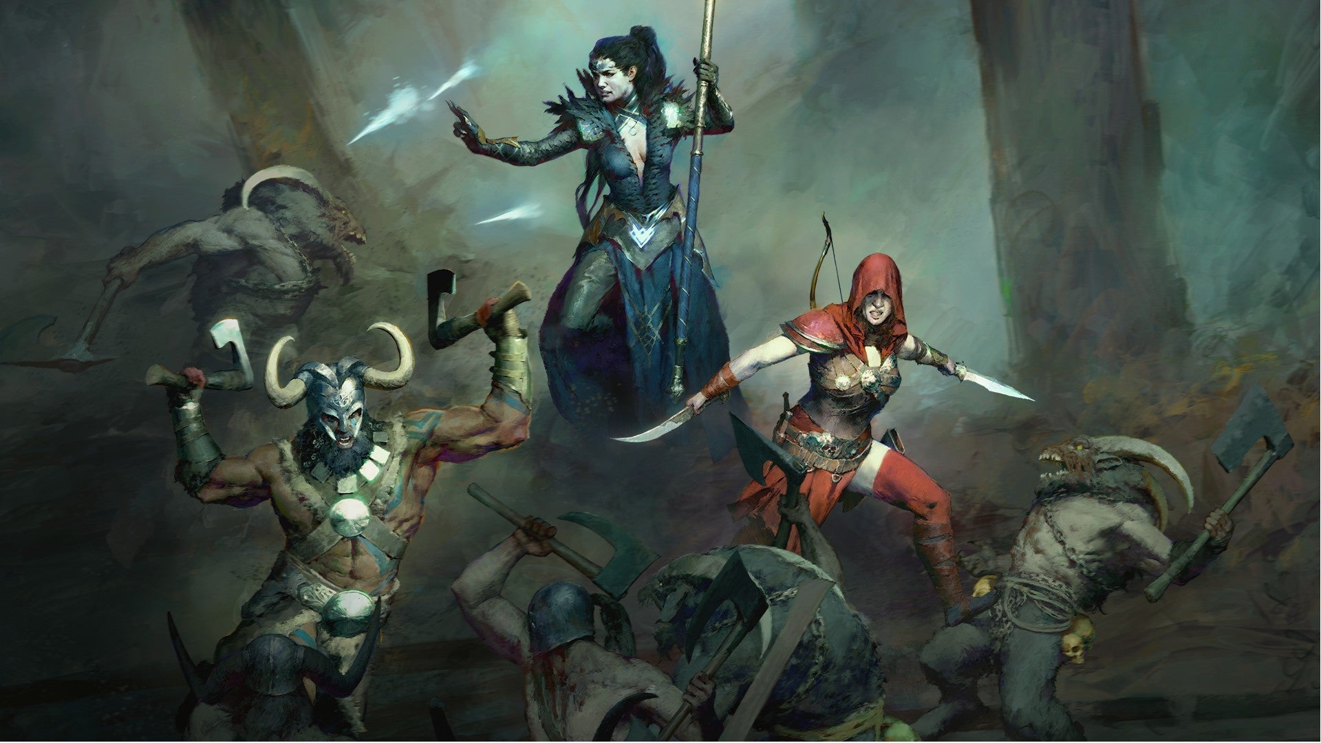 Diablo 4 art showing a Sorcerer, Barbarian, and Rogue fighting demons.
