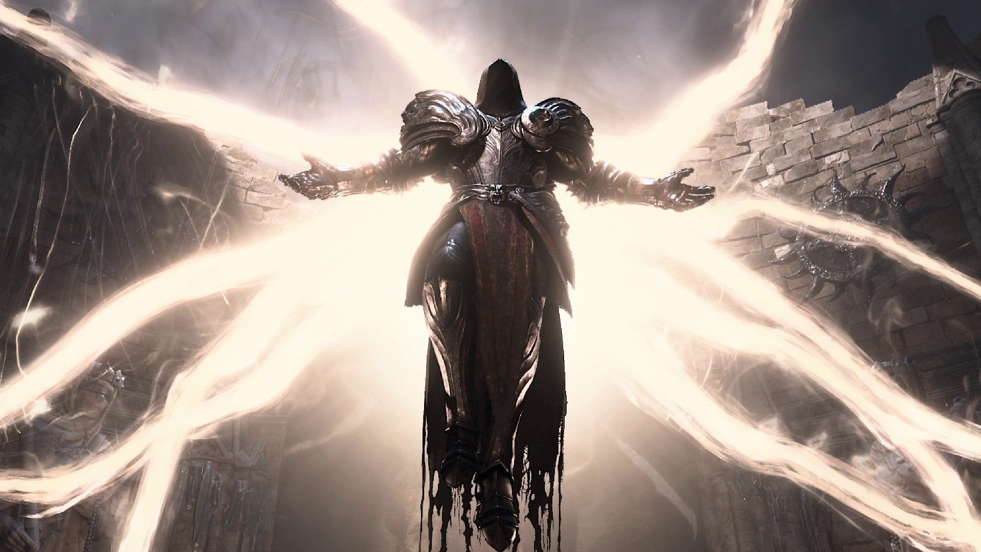 Diablo 4 image showing an angel suspended in the air, with amber tendrils surrounding their figure.