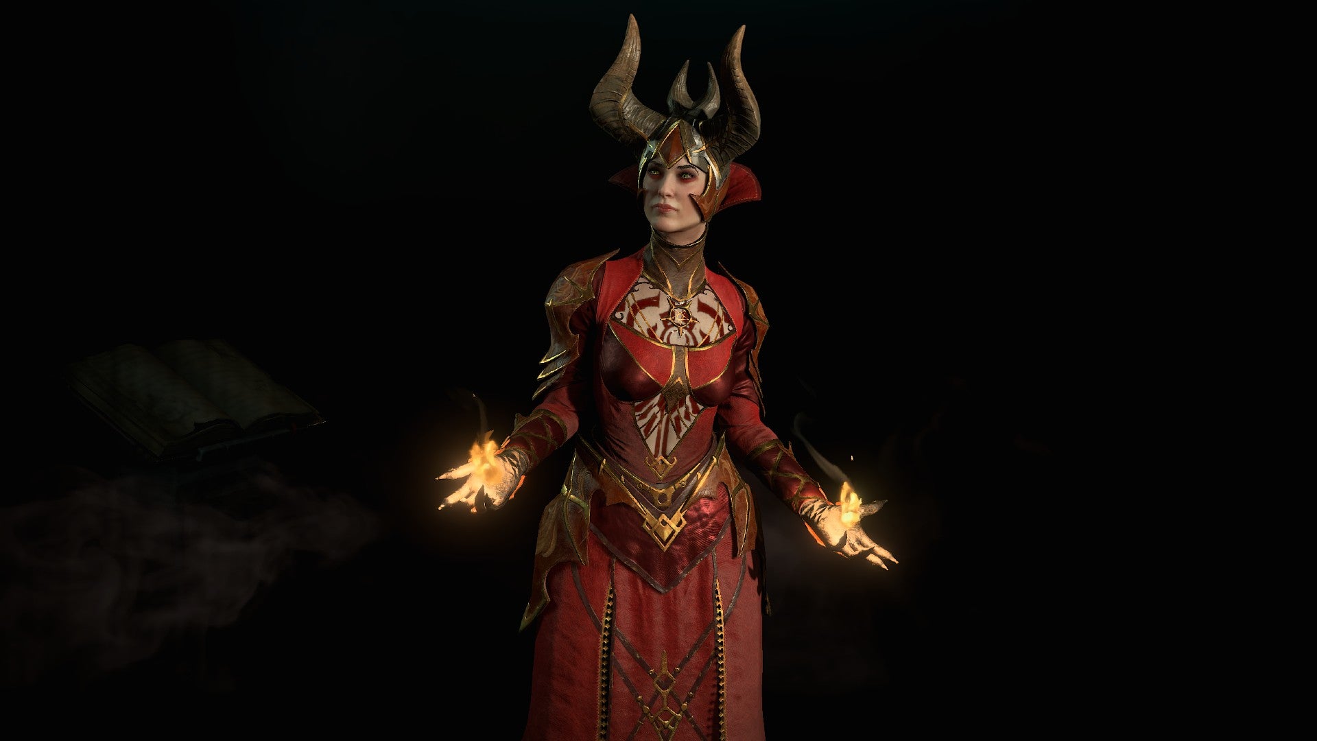 Diablo 4 image showing a Sorcerer wearing red robes and with fire in their hands, set against a dark background.