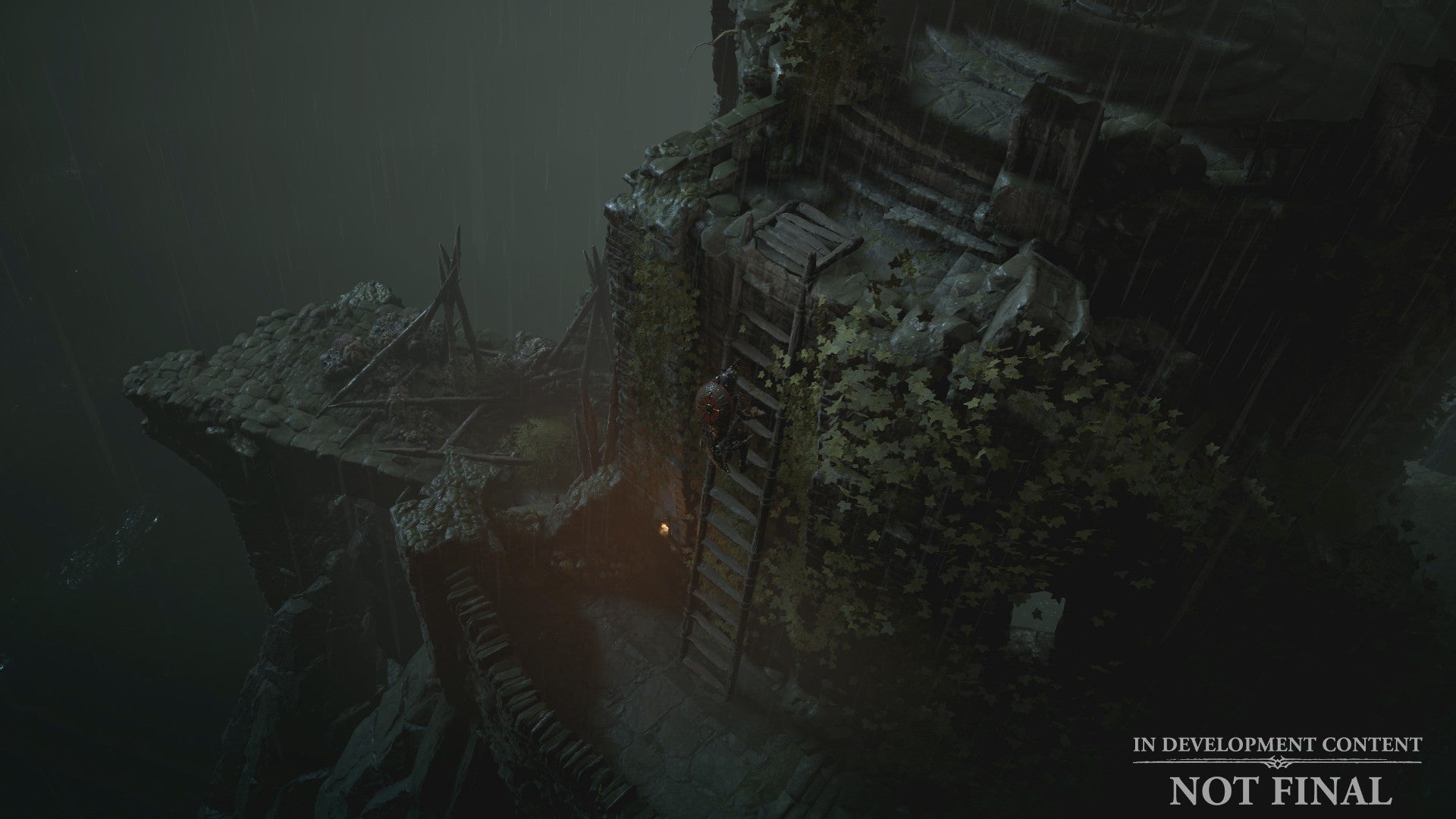 Diablo 4 image showing a Necromancer climbing a ladder in a Stronghold.