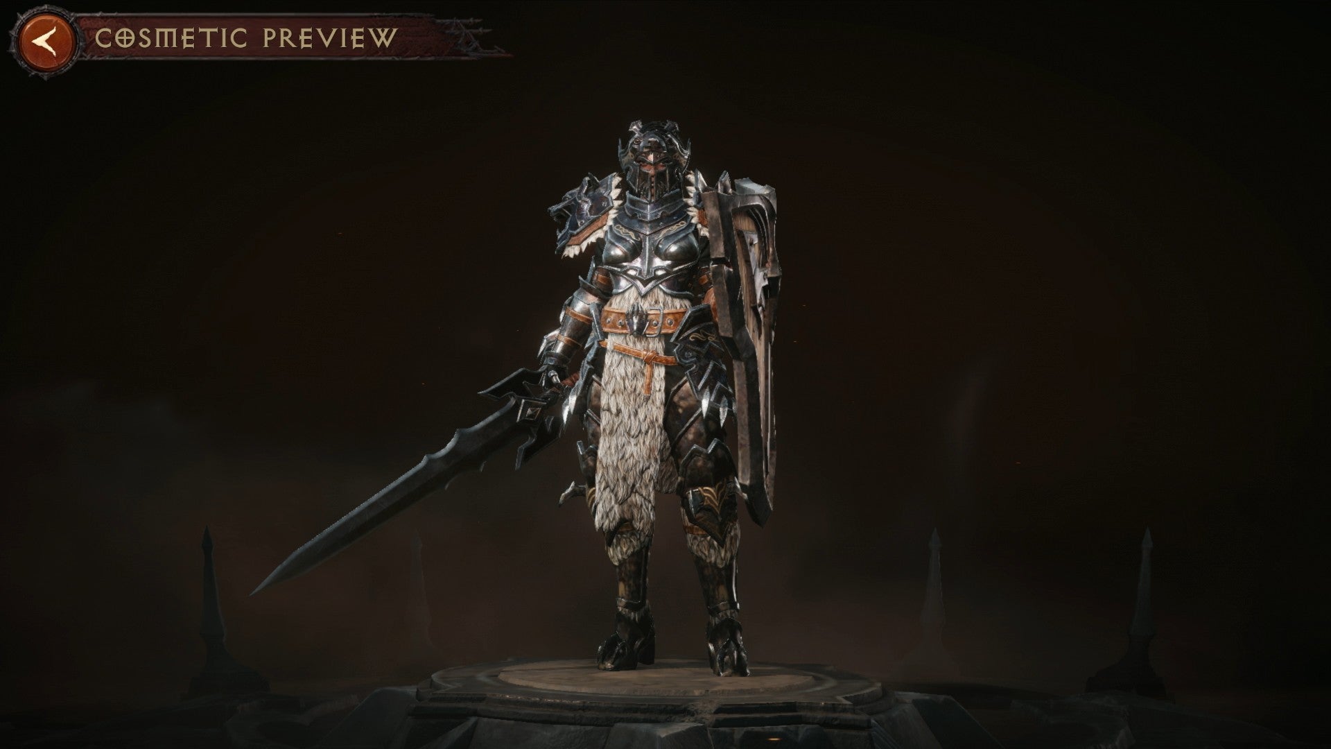 Diablo Immortal Crusader wearing a full set of Legendary Gear in the preview screen