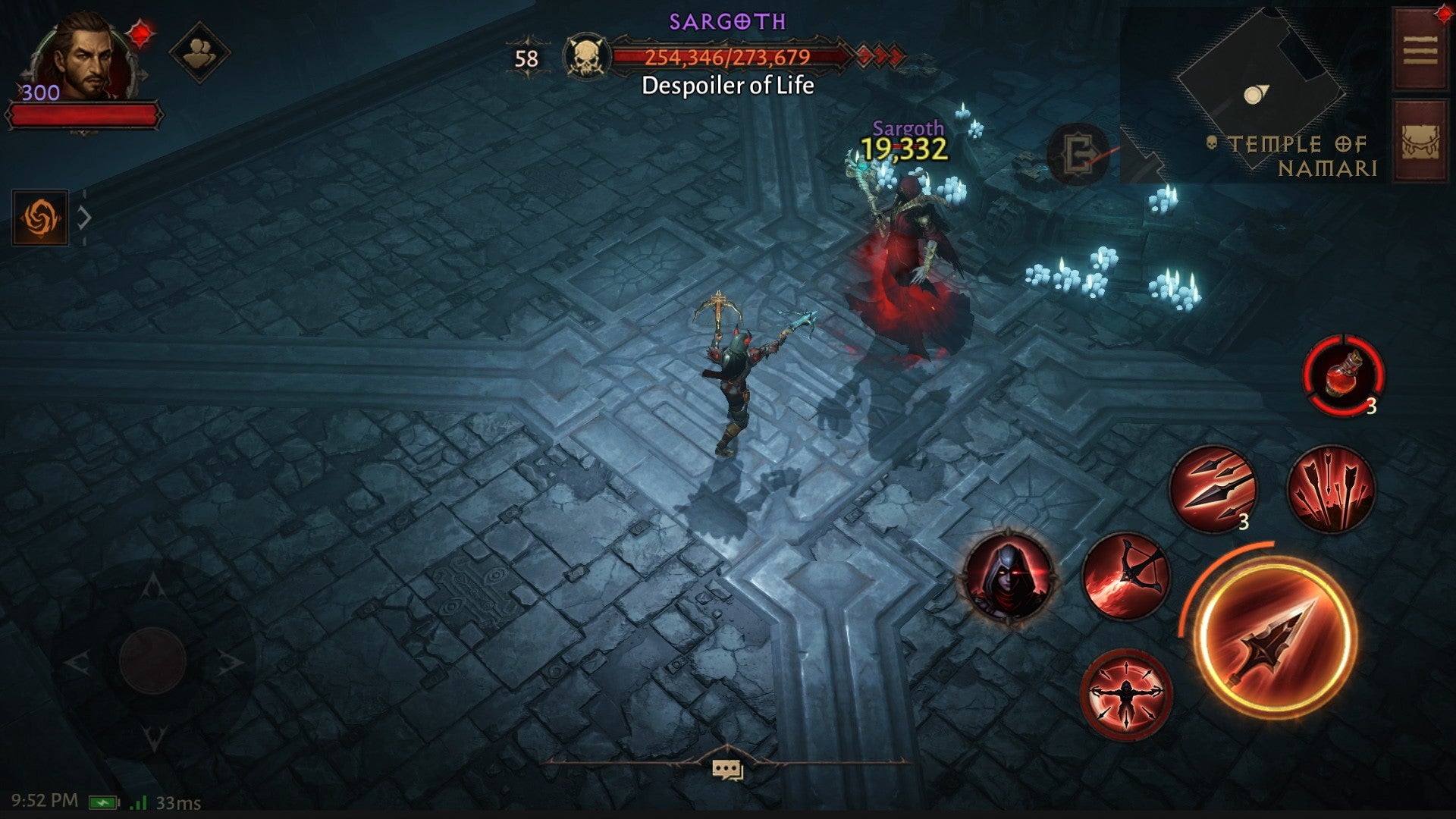 Diablo Immortal gameplay screenshot showing the Demon Hunter firing a bolt at a demonic boss named Sargoth, Despoiler of Life