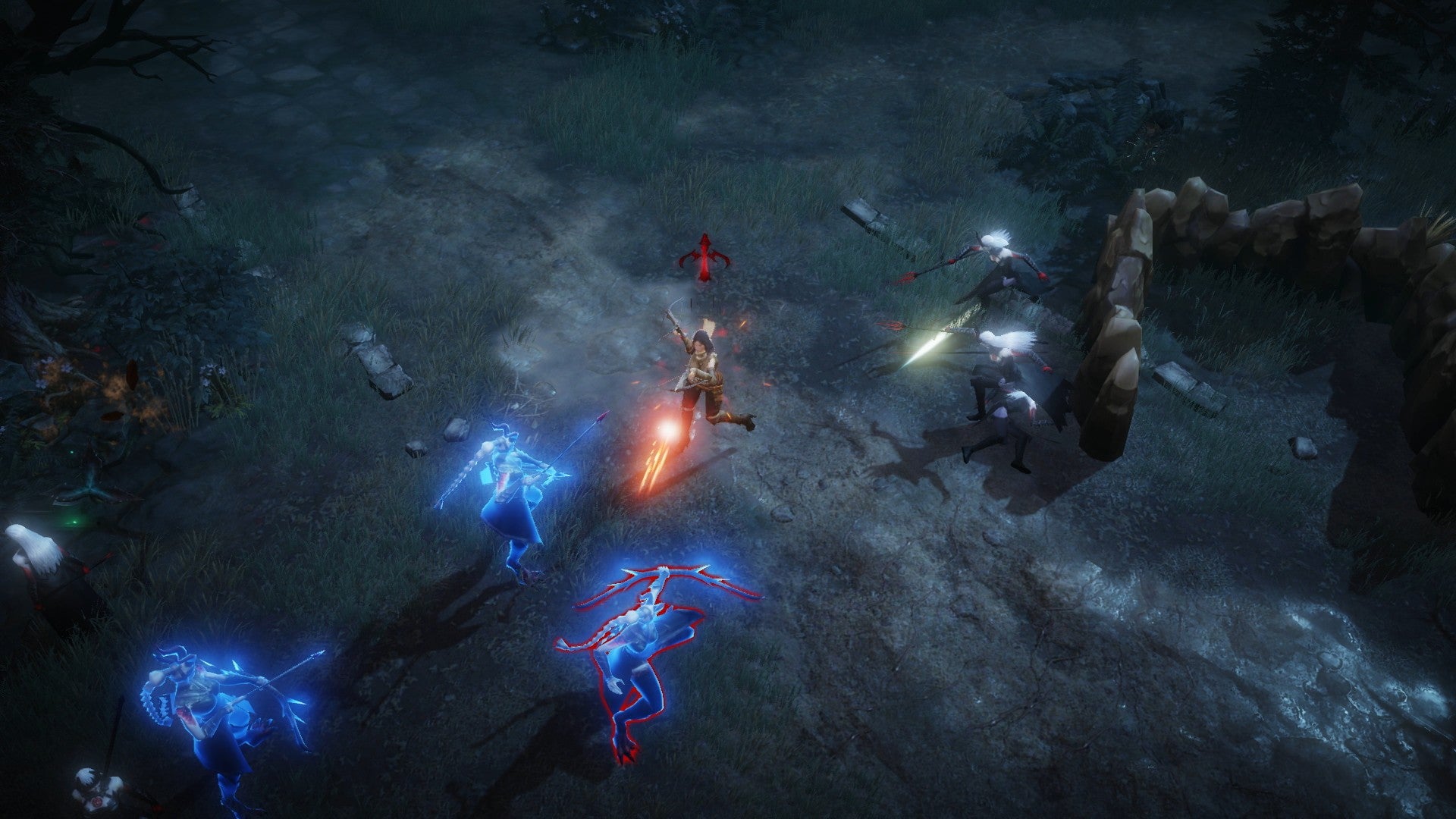 Diablo Immortal's Demon Hunter killing blue spectral enemies with a crossbow on a murky dirt path.