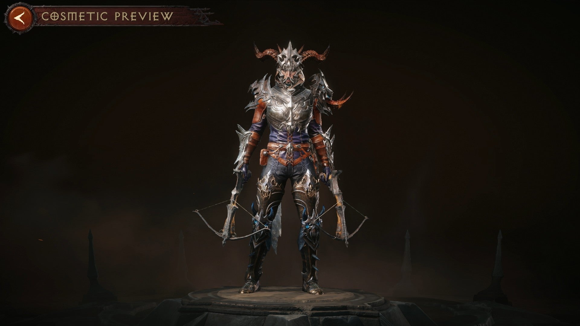 Diablo Immortal Demon Hunter wearing a default legendary gear preview set while wielding two crossbows