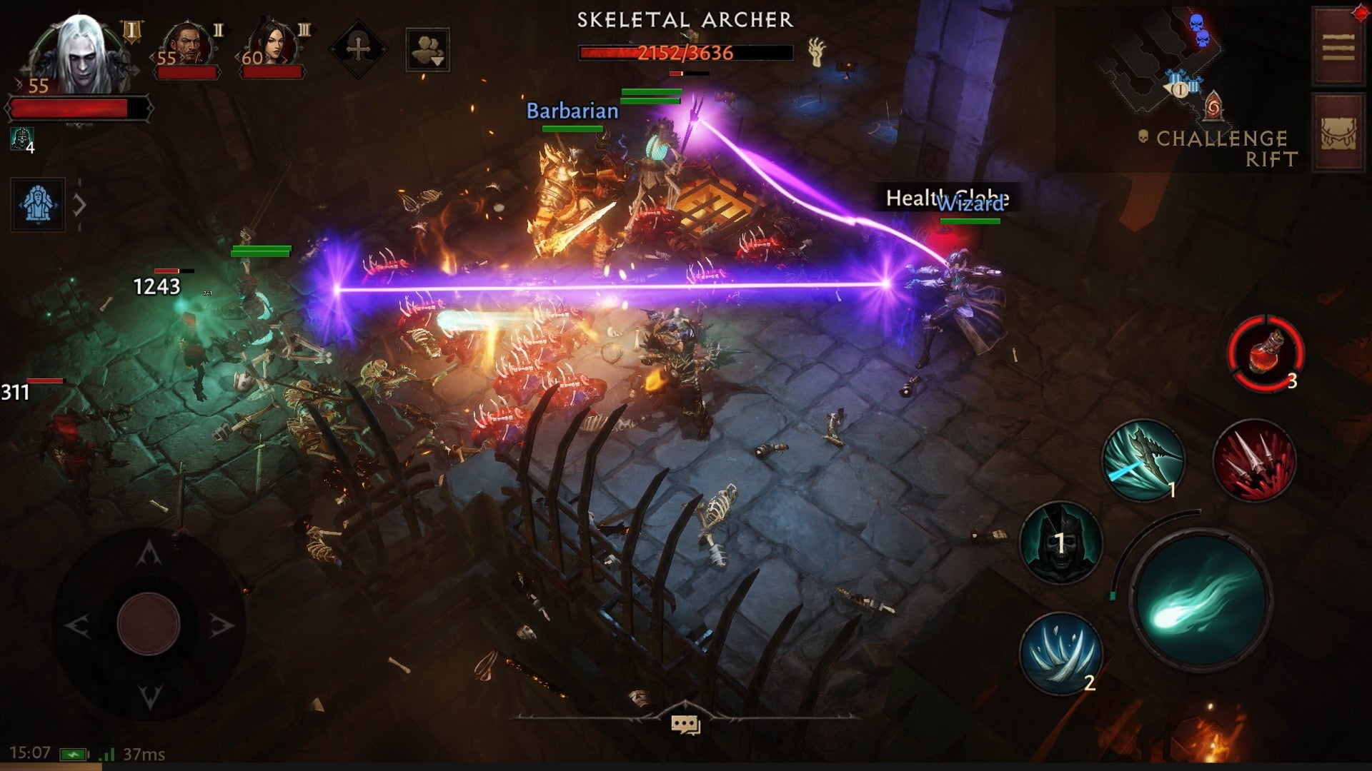 Diablo Immortal screenshot showing high level players fighting as a Necromancer, Barbarian, and Wizard. Purple magic arcs across the screen to attack enemy skeletons