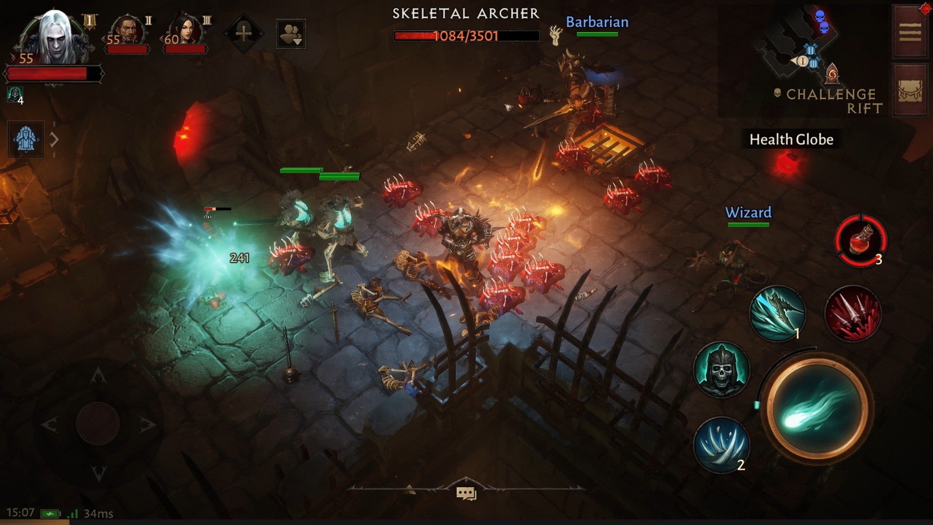 Diablo Immortal screenshot showing high level players fighting as a Necromancer, Barbarian, and Wizard. There are blue and red explosions created by the different kinds of magic