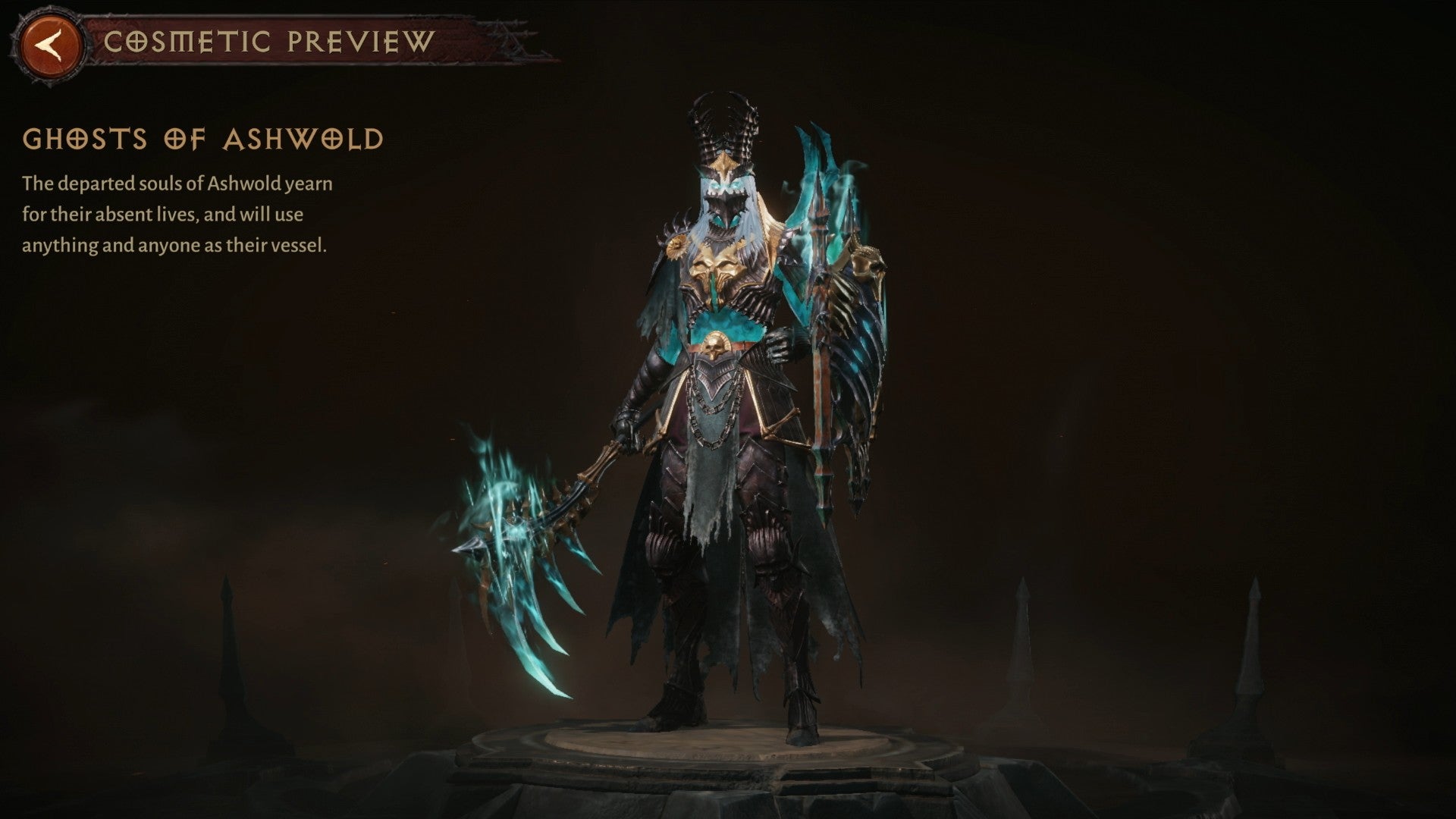 A Diablo Immortal Necromancer wearing Ghosts of Ashwold cosmetic armor