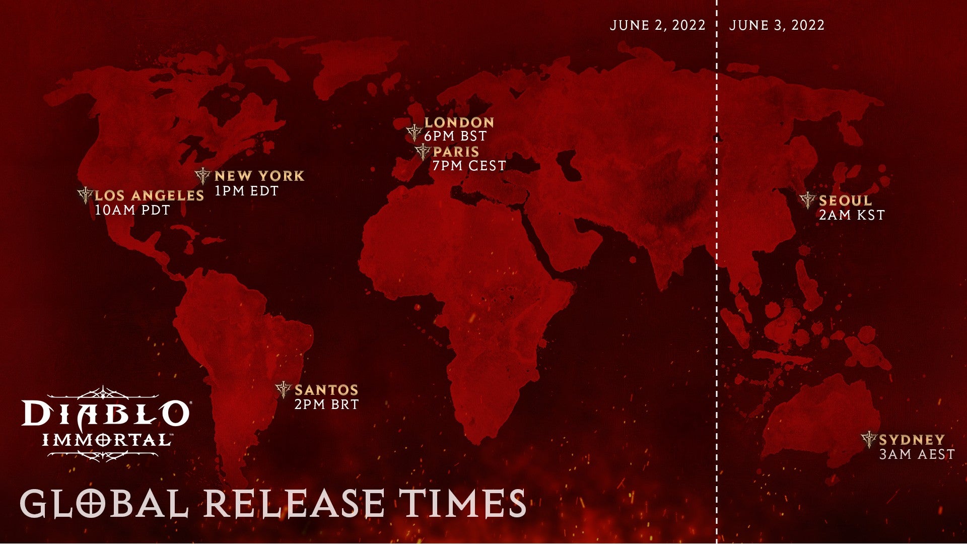 Red-tinted map of the world with Diablo Immortal release times specified for each region