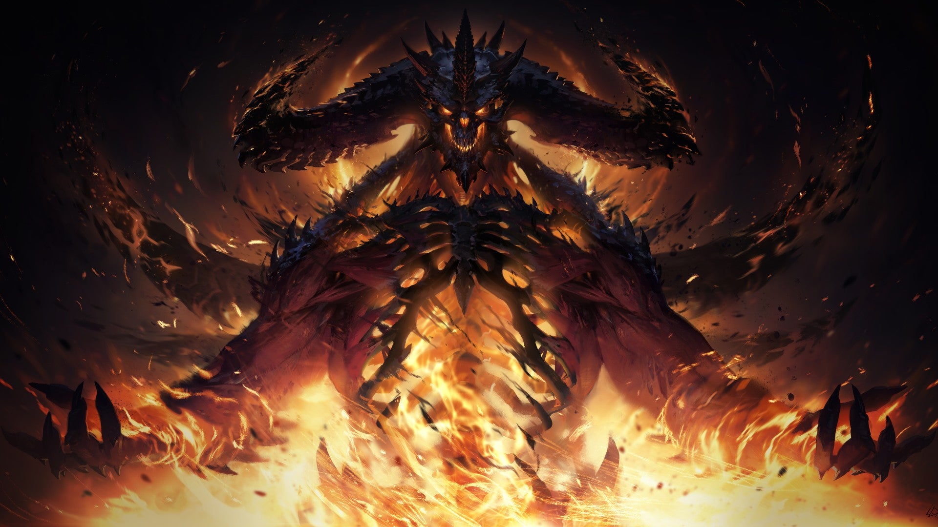 Diablo Immortal art showing Diablo covered in flames as he rips apart his bony torso