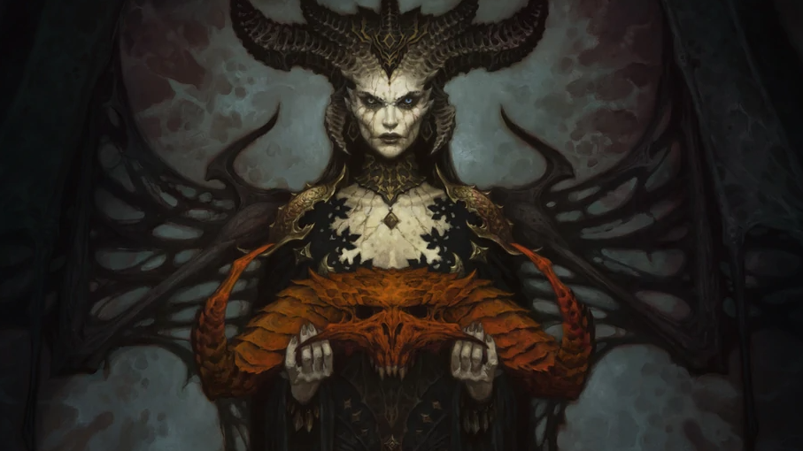Key art from Diablo showing Lilith holding the head of Diablo