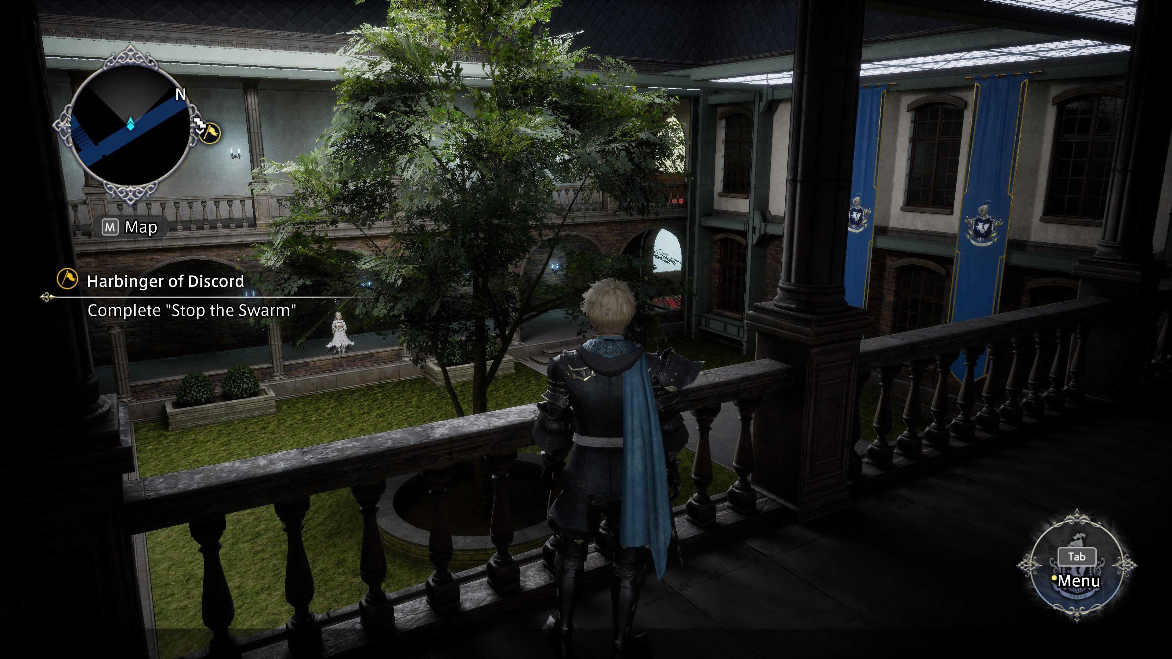 Rias looks out over courtyard with a tree in the centre in The DioField Chronicle.