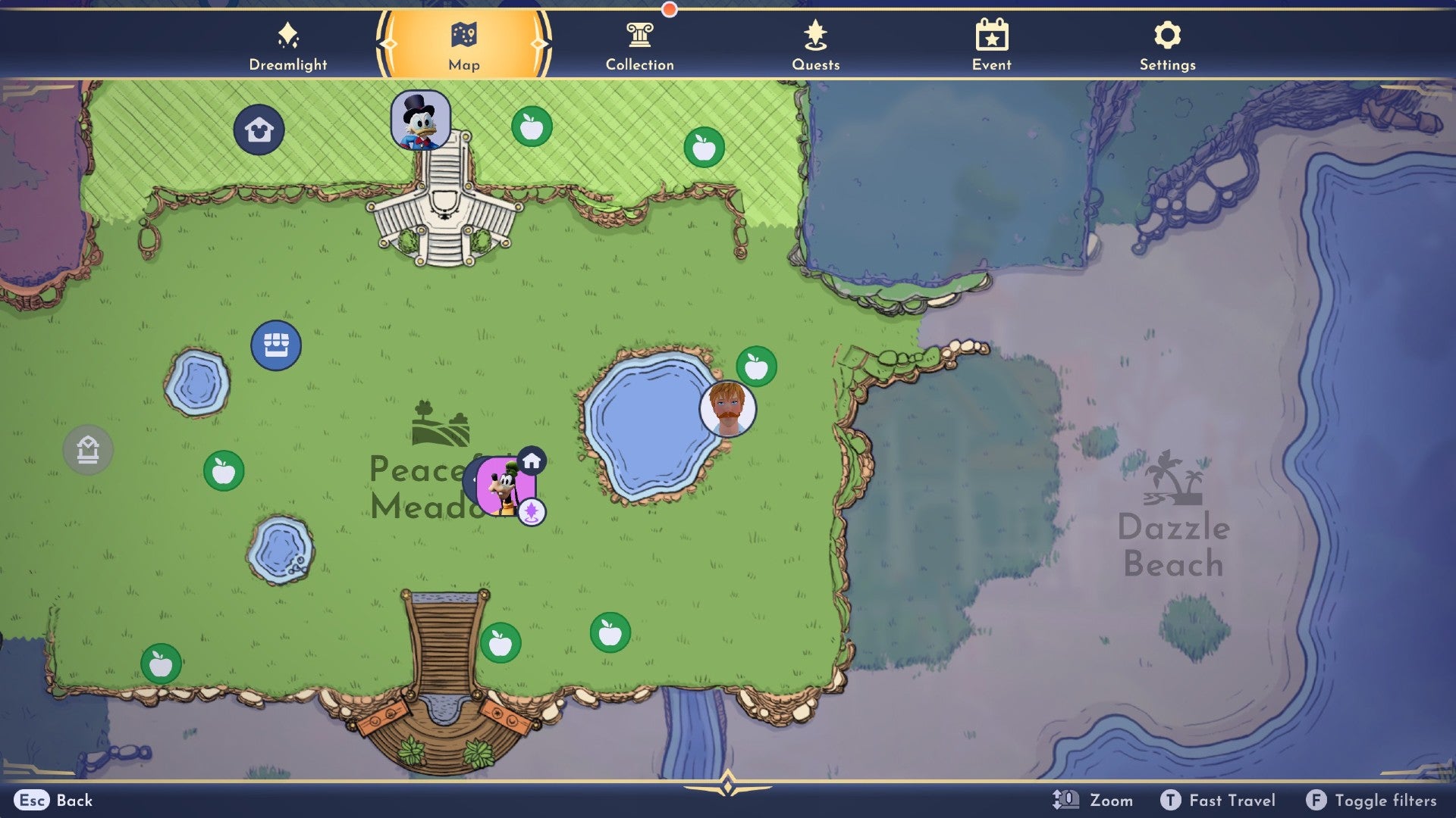 Captura de pantalla de Disney Dreamlight Valley que muestra Peaceful Meadow, con el ícono del jugador junto a un gran estanque en el lado derecho.
