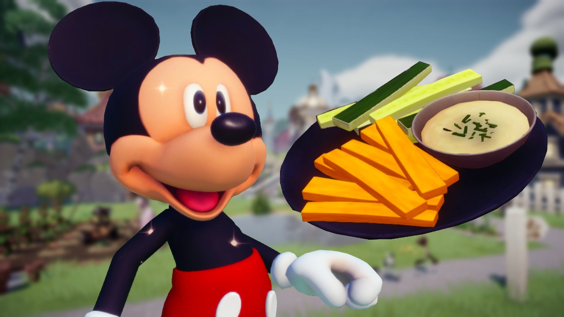 An image of Mickey Mouse staring at a place of crudites while smiling. They're against a blurred backdrop of some grass in Disney Dreamlight Valley.