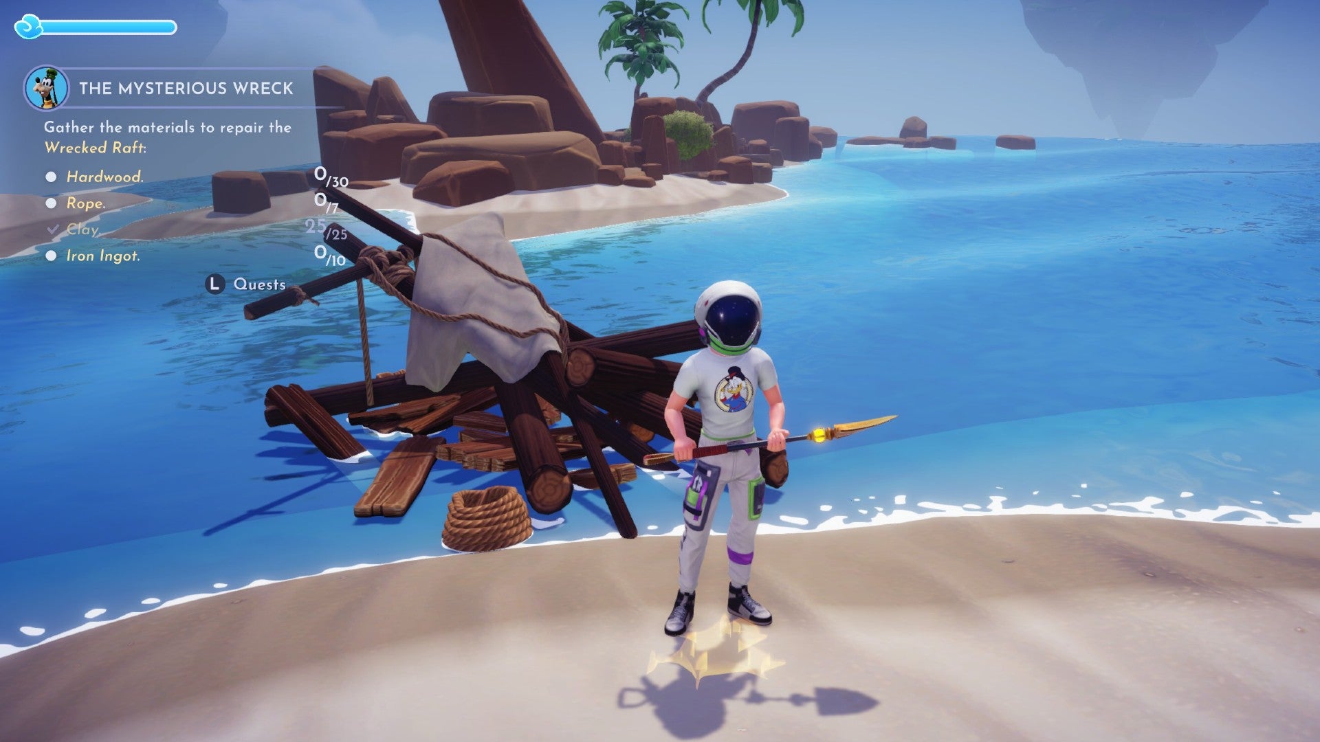 Disney Dreamlight Valley screenshot showing a person wearing a Buzz Lightyear helmet on a sandy island next to a wrecked wooden raft.