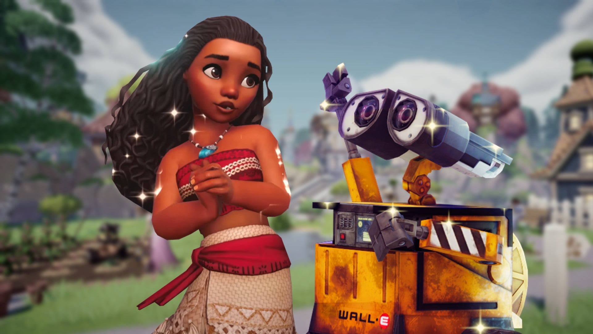 Disney Dreamlight Valley image showing Moana and Wall-E staring at each other in front of a blurred background of the Dreamlight Valley.