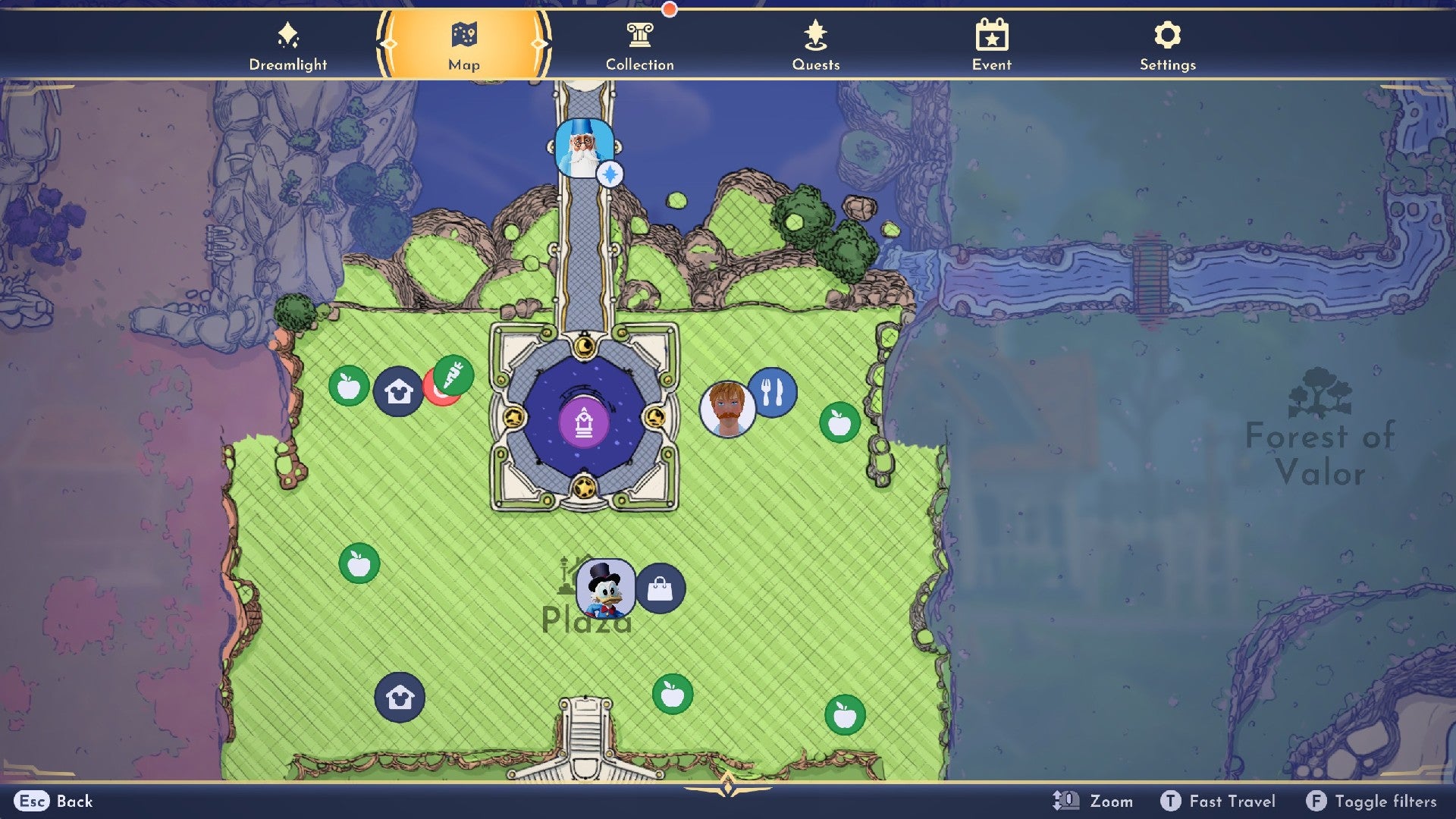 Captura de pantalla de Disney Dreamlight Valley que muestra varios íconos en la Plaza, con el jugador ubicado junto a Chez Remy en la esquina superior derecha.