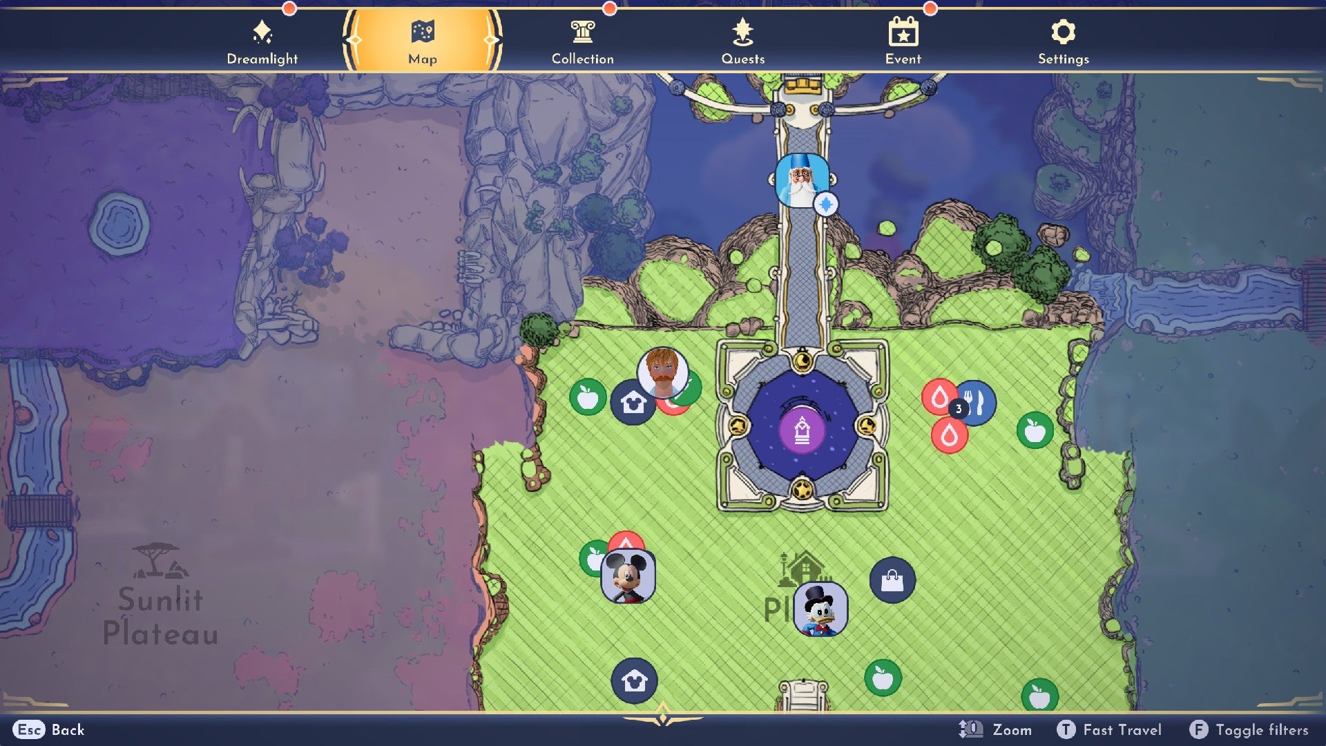 Captura de pantalla de Disney Dreamlight Valley que muestra varios íconos en la Plaza, con el jugador ubicado junto a su casa en la esquina superior izquierda.