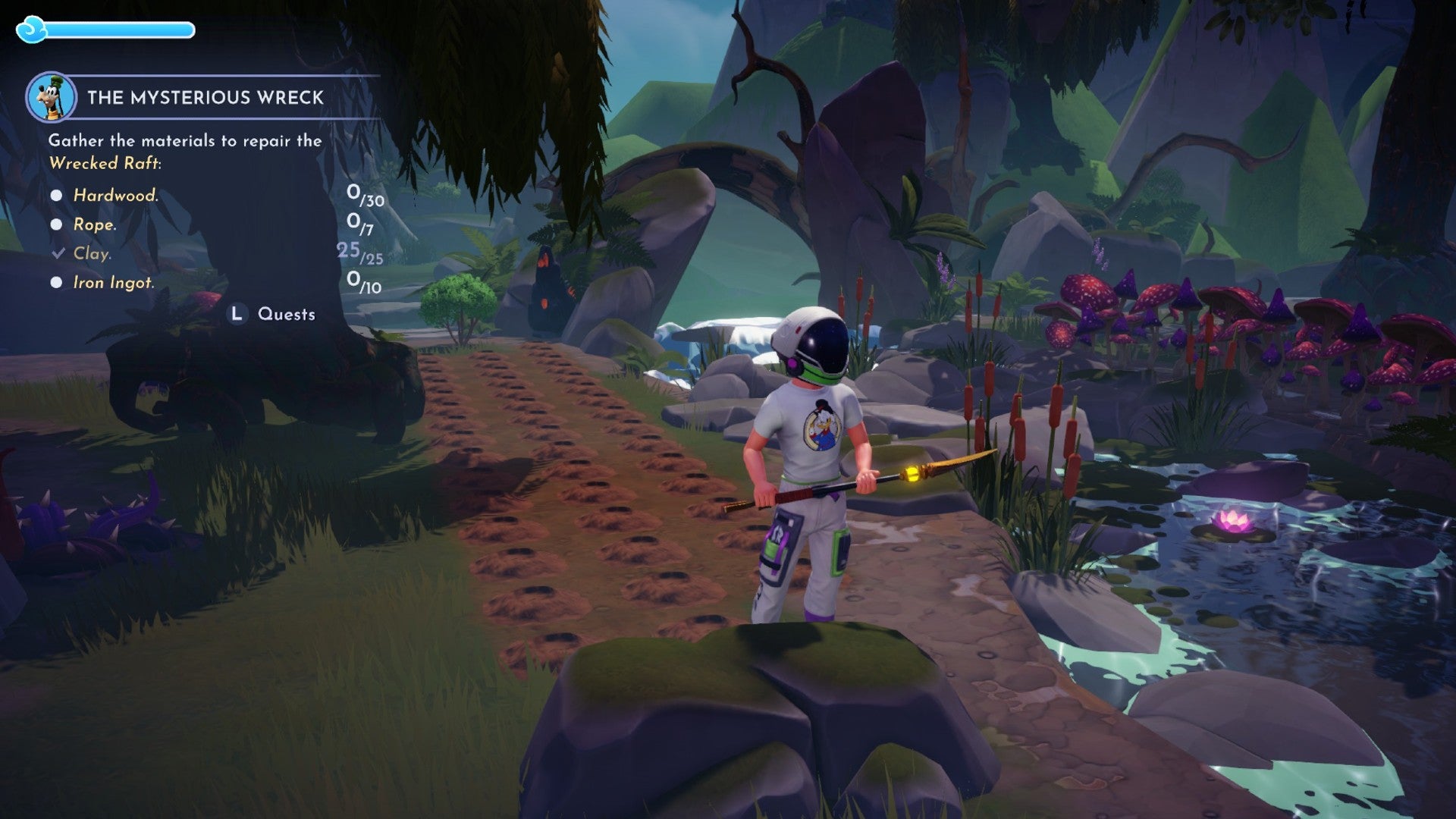 Disney Dreamlight Valley screenshot showing someone wearing a Buzz Lightyear helmet in a dark wooded area. There are three rows of holes in the ground to the left.