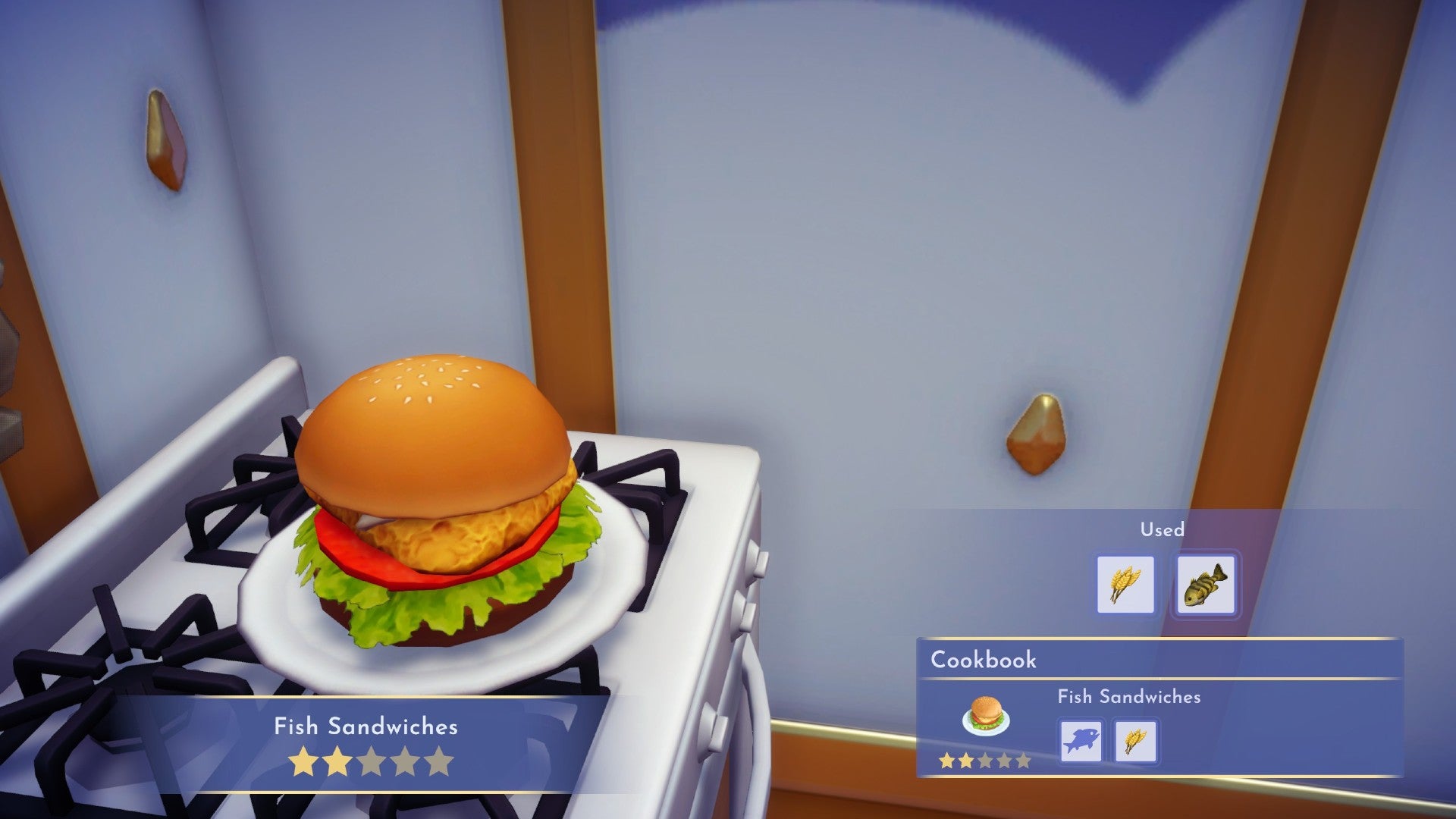 Disney Dreamlight Valley screenshot showing a fish sandwich on the rest, with two stars underneath. On the right, it shows a small picture of wheat and a fish.