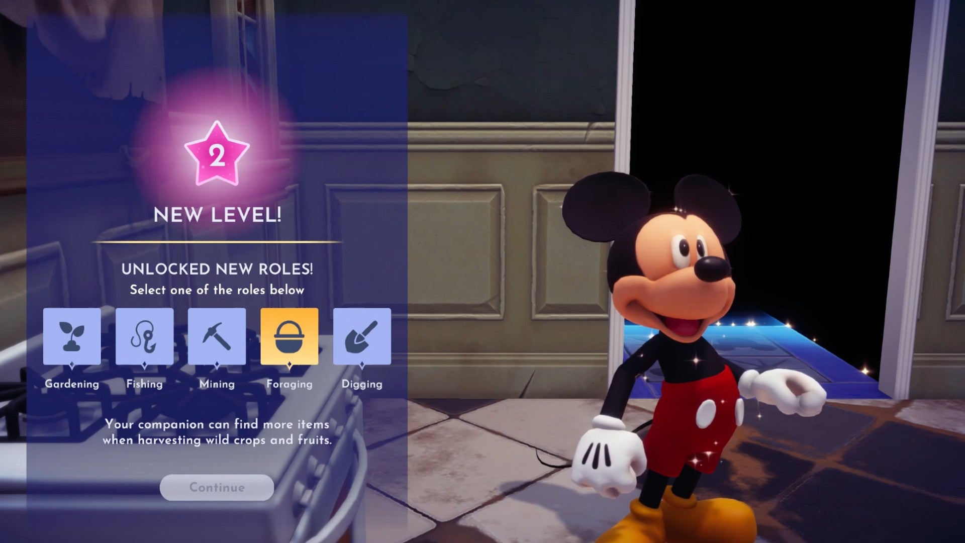 Disney Dreamlight Valley screenshot showing Mickey Mouse in a house on the right and a tab on the left that shows they've gained a new friendship level.