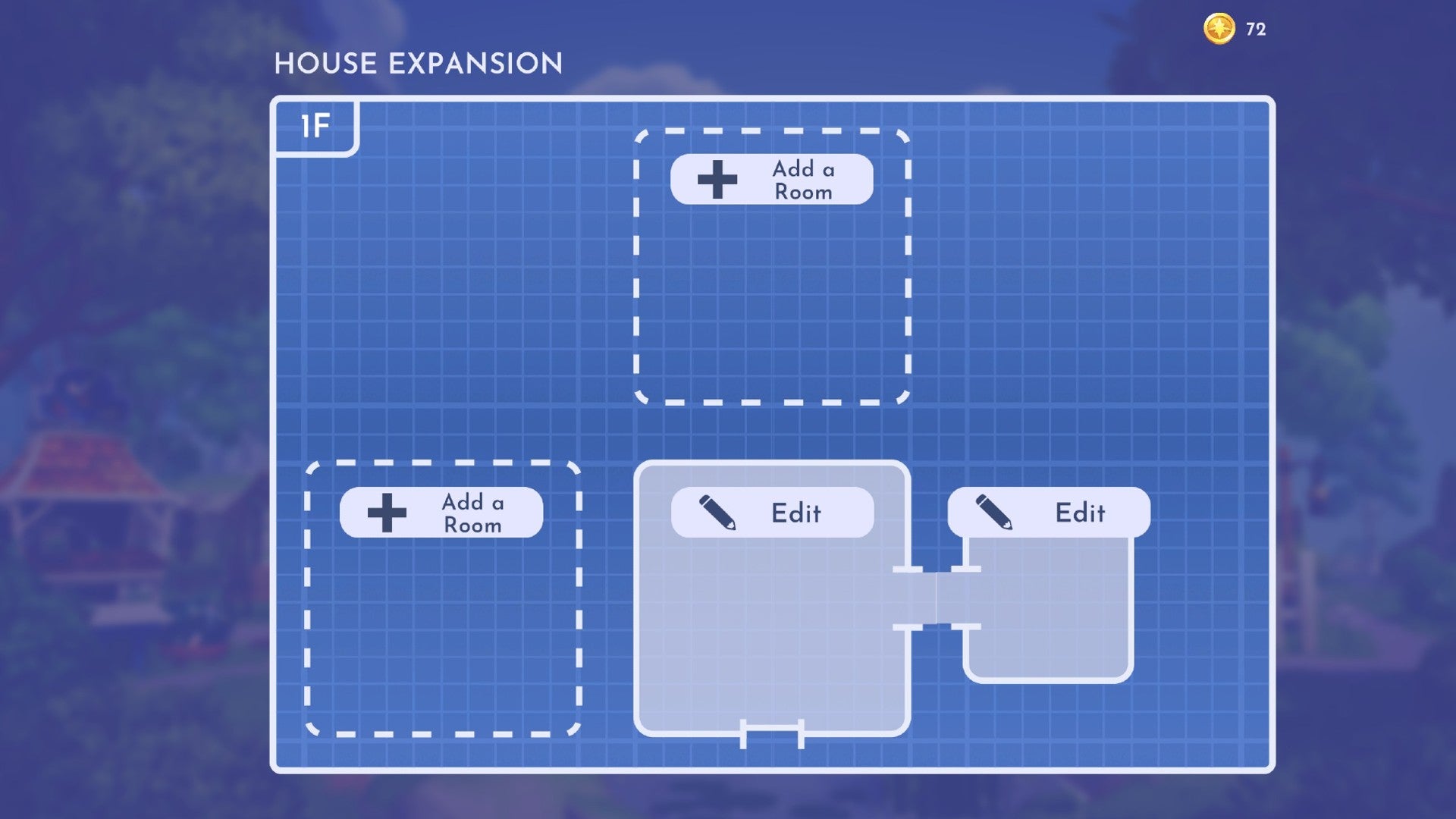 Disney Dreamlight Valley screenshot showing the upgrade screen where you can buy and expand rooms in your house. There are two gridded squares and two grey squares on a blueprint.