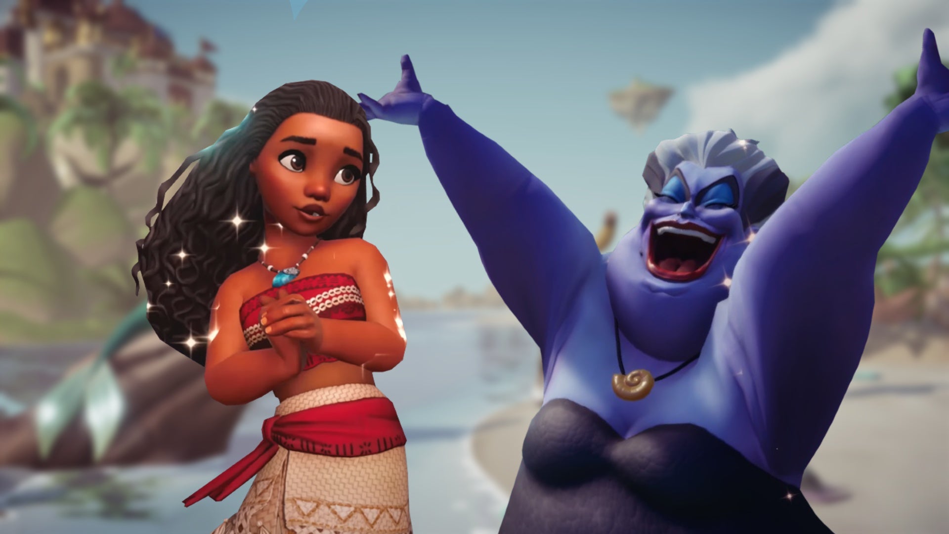 Image showing Moana and Ursula from Disney Dreamlight Valley against a blurred backdrop of a beach. Moana has her hands clasped and stares at a cheering Ursula.