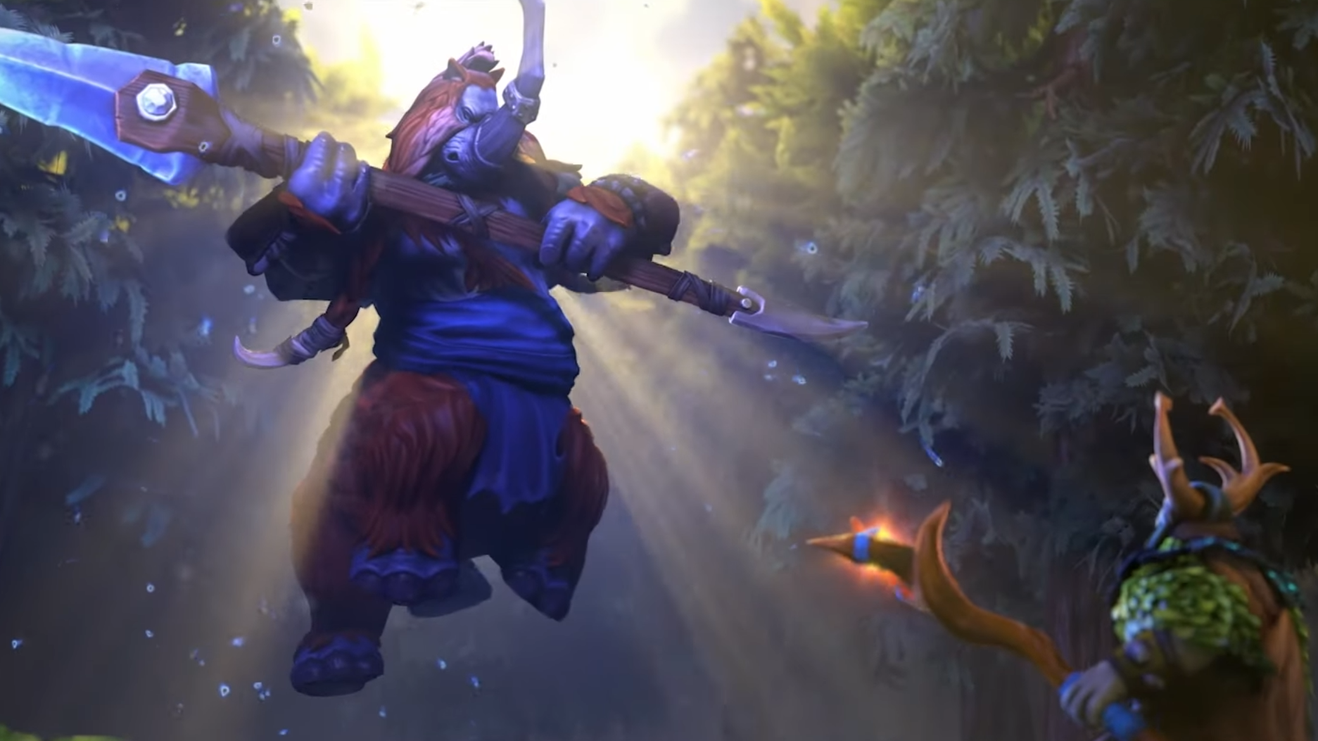 Dota 2 hero Magnus winds up for an attack on Nature's Prophet.
