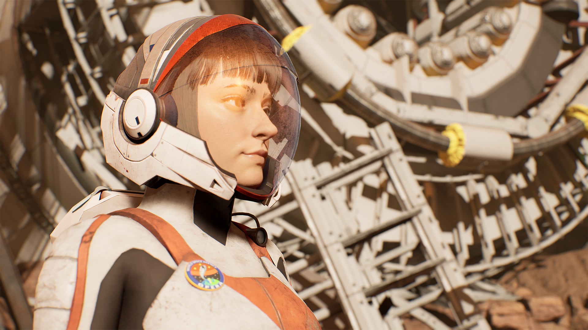 A side on the profile of a female astronaut on the surface of Mars in Deliver Us Mars