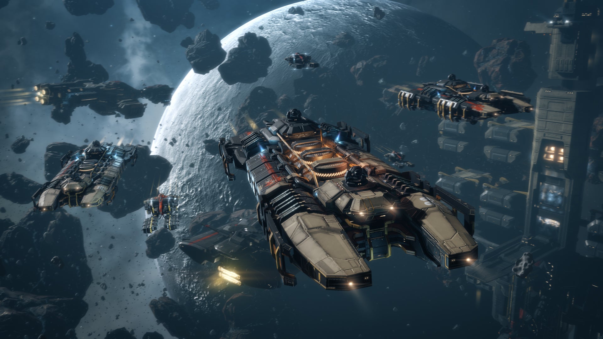 A mining fleet fly through space in EVE Online